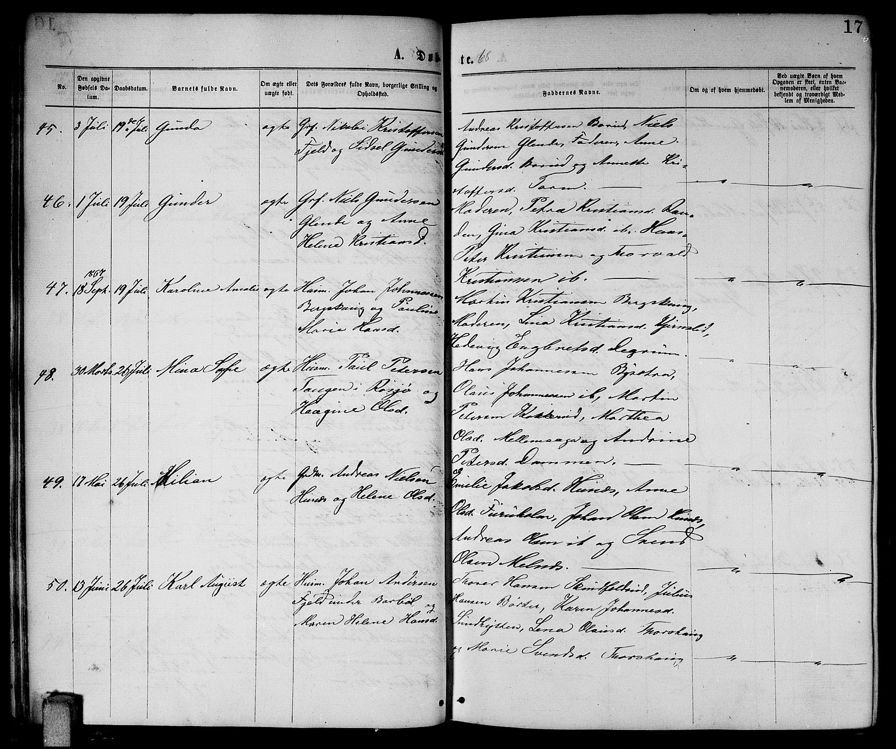 Enebakk prestekontor Kirkebøker, AV/SAO-A-10171c/G/Ga/L0005: Parish register (copy) no. I 5, 1867-1888, p. 17