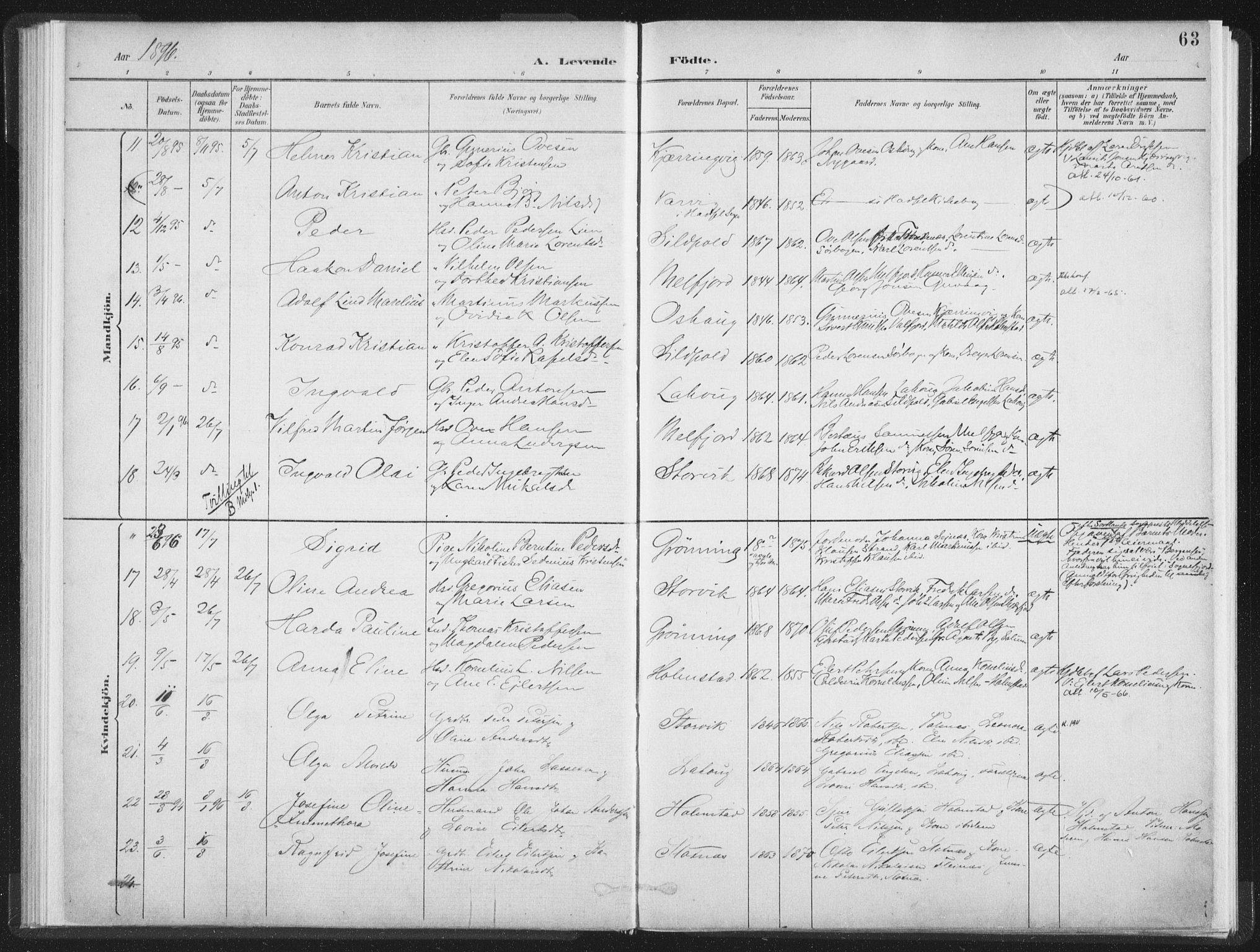 Ministerialprotokoller, klokkerbøker og fødselsregistre - Nordland, AV/SAT-A-1459/890/L1286: Parish register (official) no. 890A01, 1882-1902, p. 63