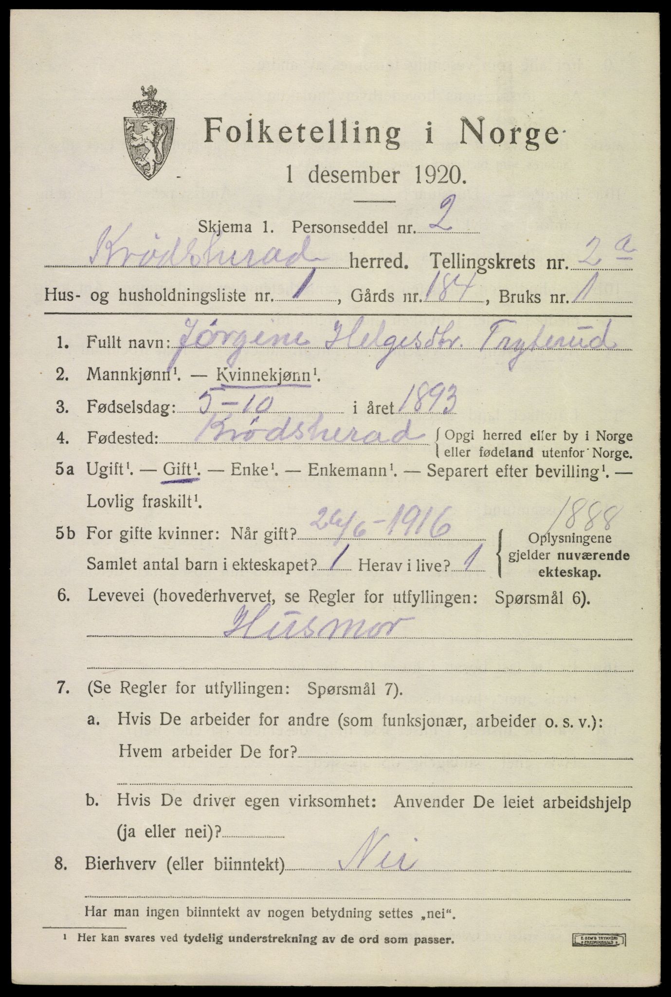 SAKO, 1920 census for Krødsherad, 1920, p. 2805