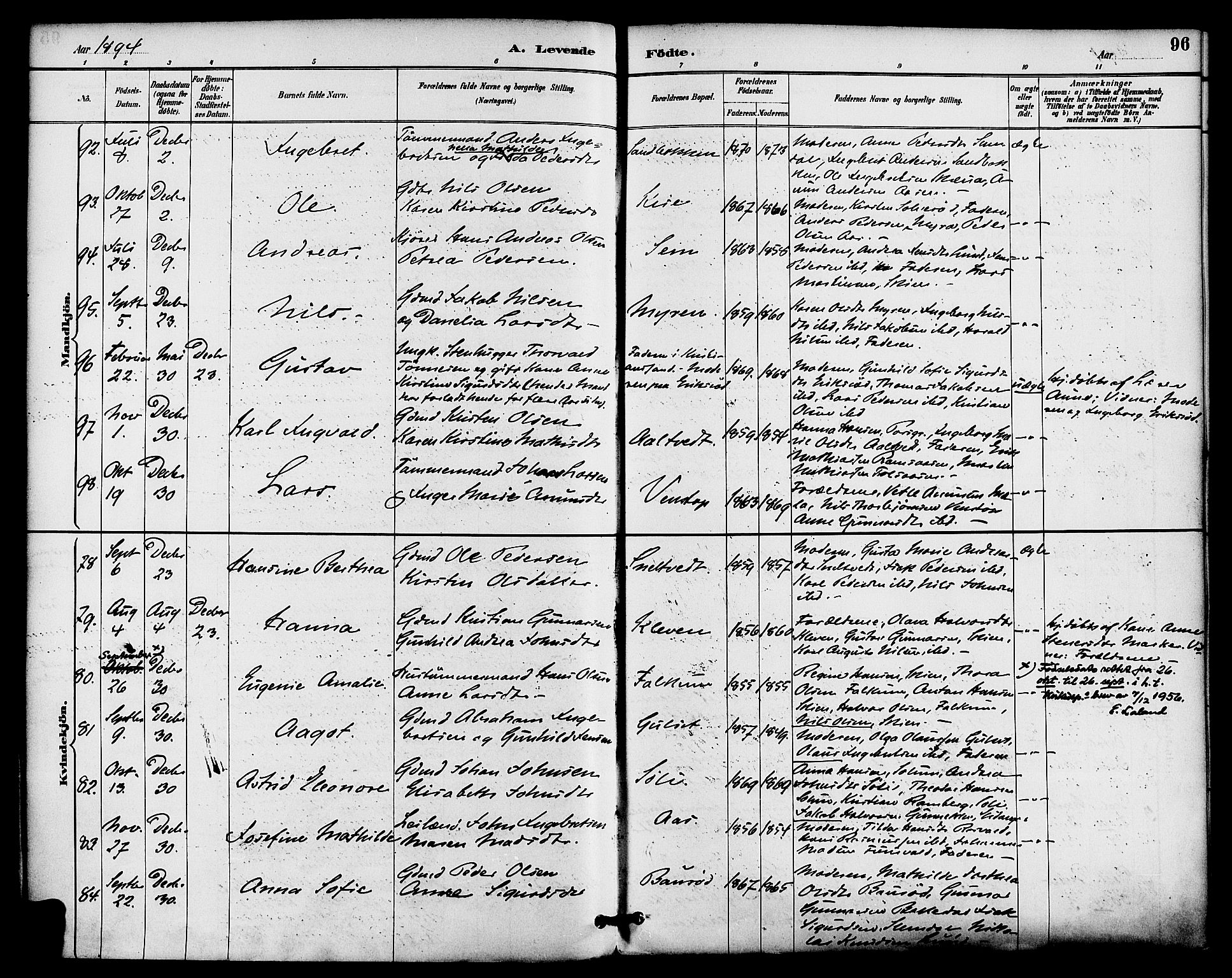 Gjerpen kirkebøker, SAKO/A-265/F/Fa/L0010: Parish register (official) no. I 10, 1886-1895, p. 96