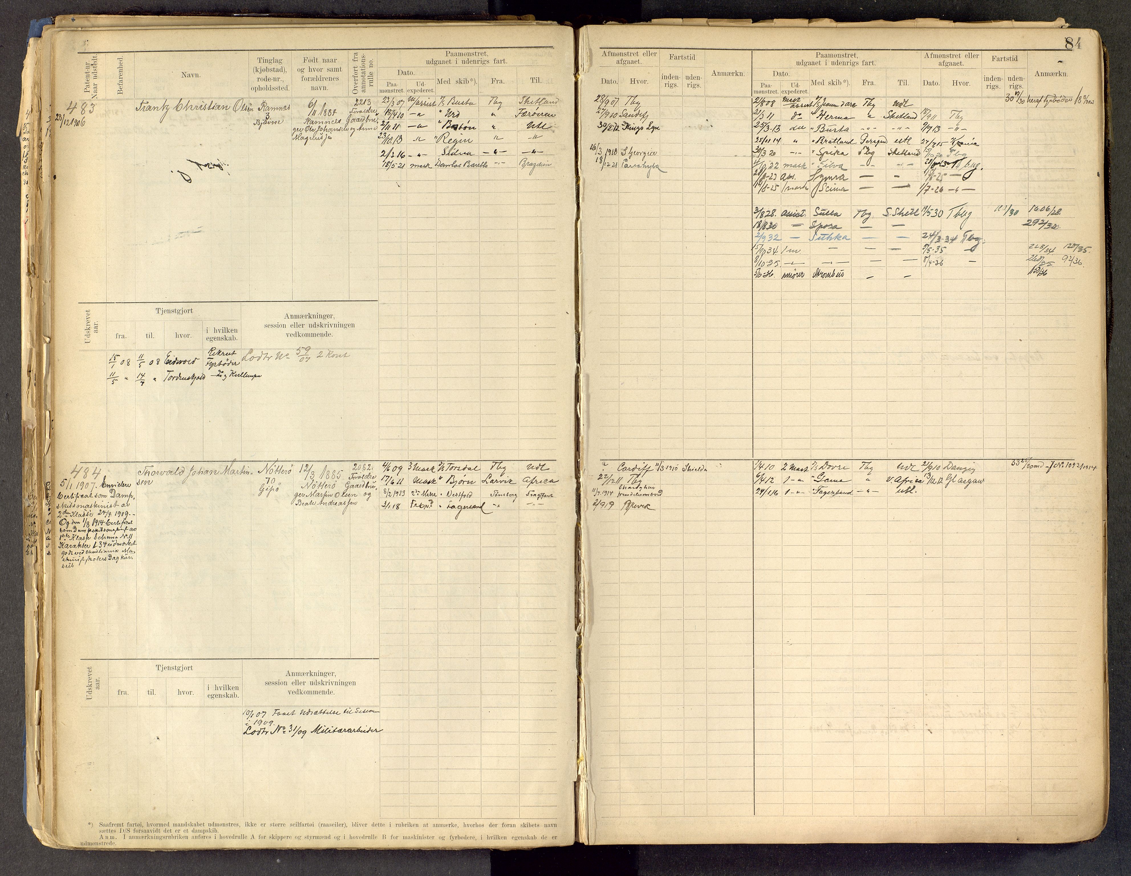 Tønsberg innrulleringskontor, SAKO/A-786/F/Fe/L0002: Maskinist- og fyrbøterrulle Patent nr. 315-1110, 1902-1924, p. 84