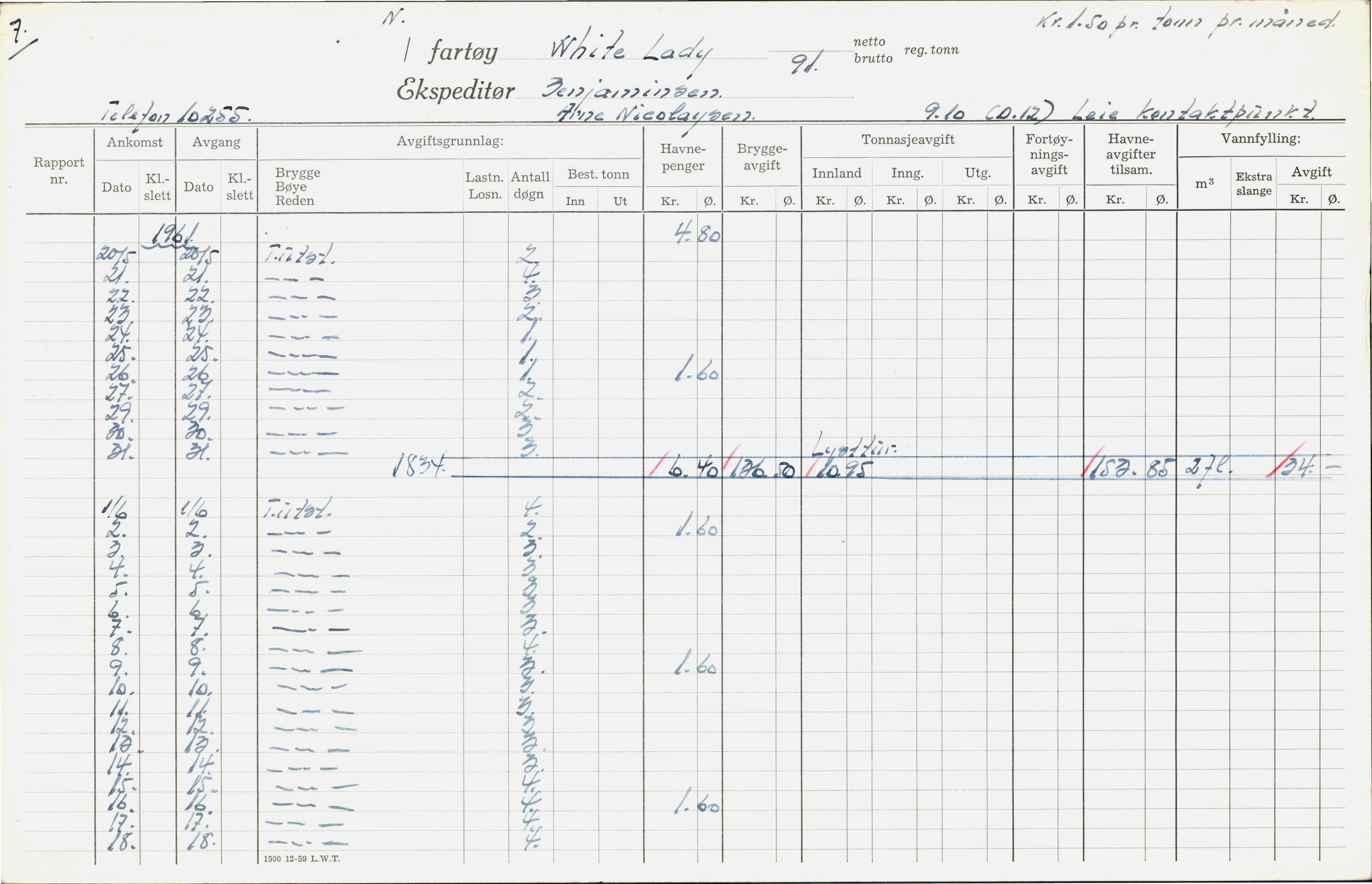 Bergen kommune. Havnekontor/havnefogd, BBA/A-0742/H/Ha/Hac/L0064: Skipsregister White Lady-Øyra, 1941-1975