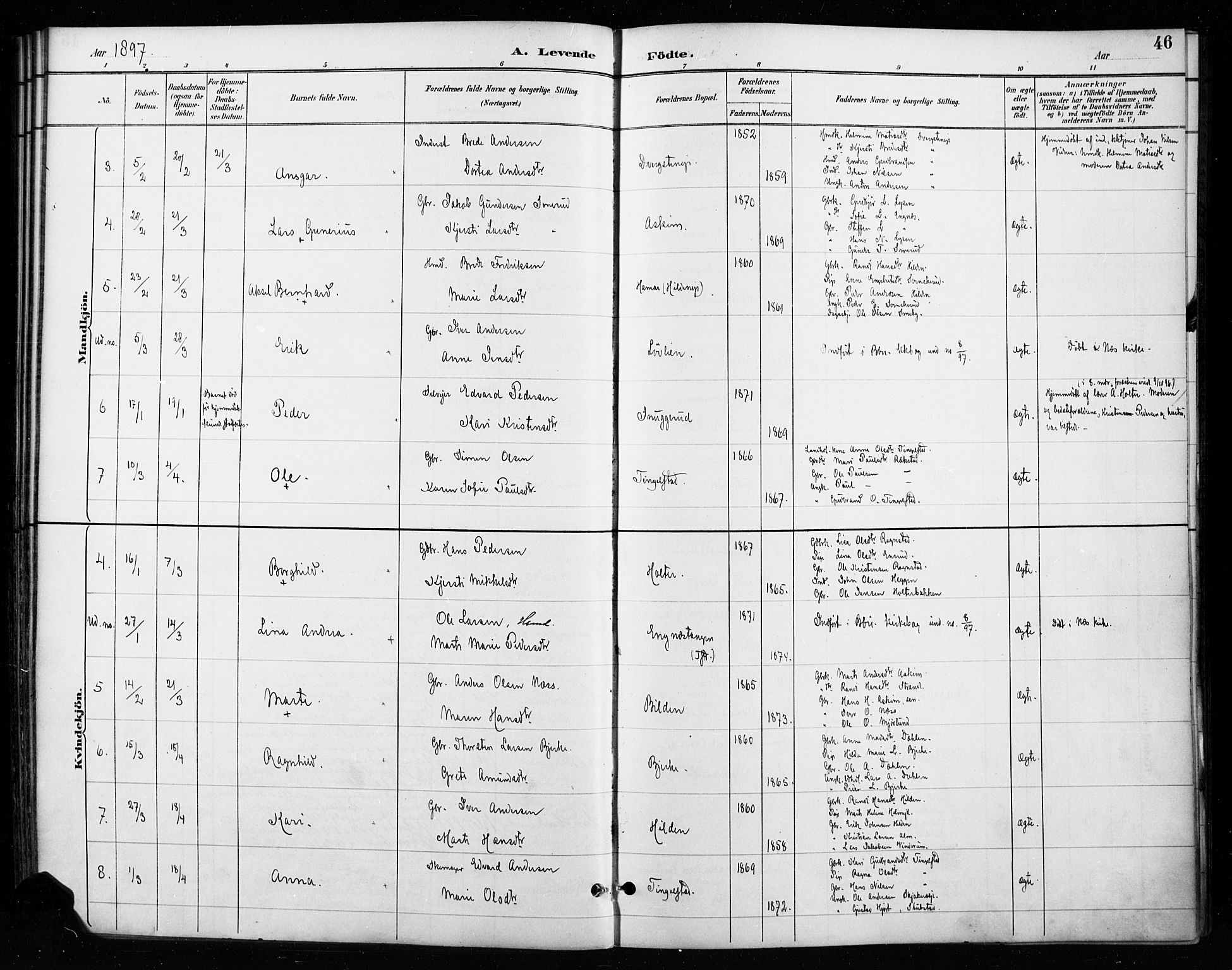 Gran prestekontor, SAH/PREST-112/H/Ha/Haa/L0018: Parish register (official) no. 18, 1889-1899, p. 46