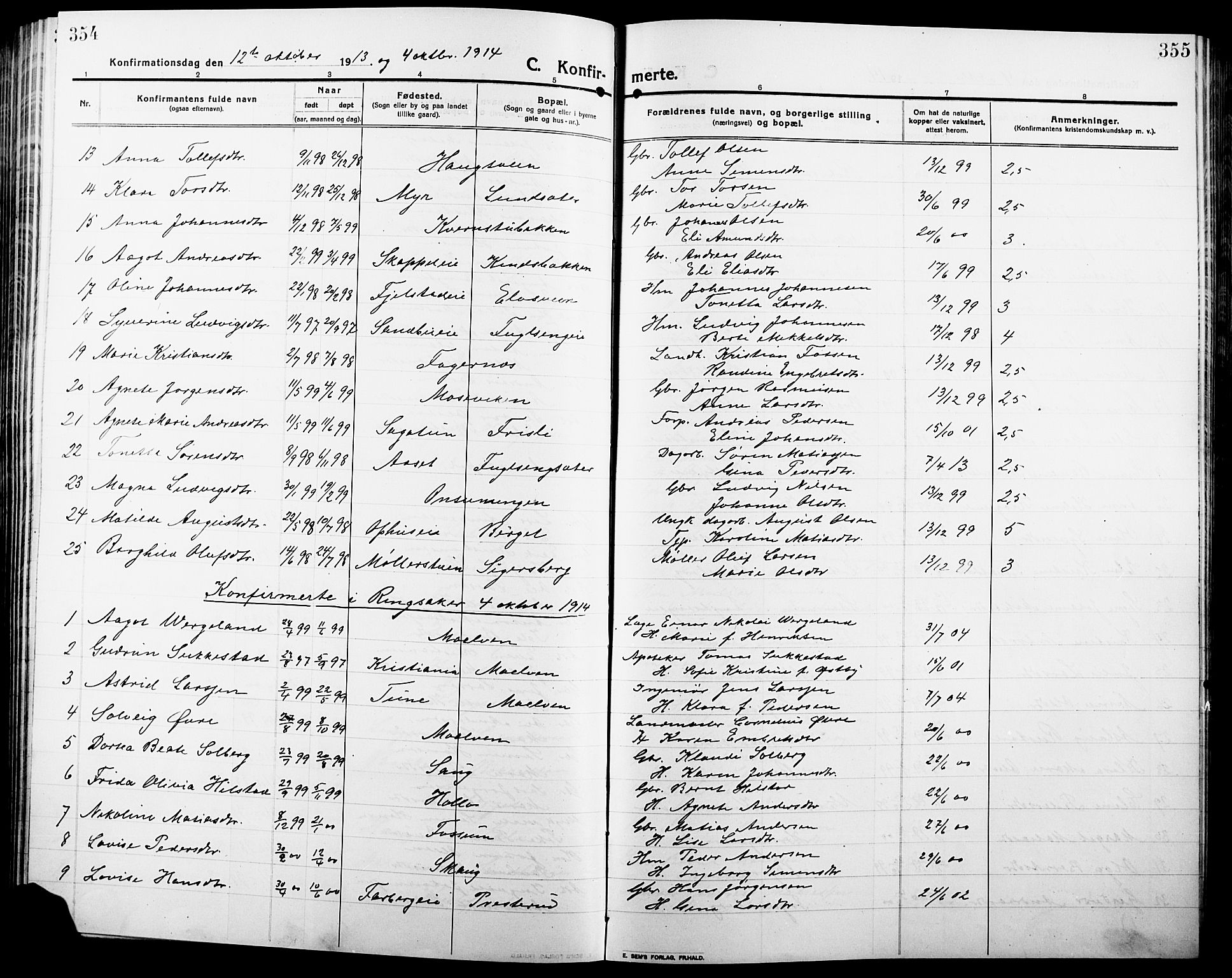 Ringsaker prestekontor, SAH/PREST-014/L/La/L0018: Parish register (copy) no. 18, 1913-1922, p. 354-355