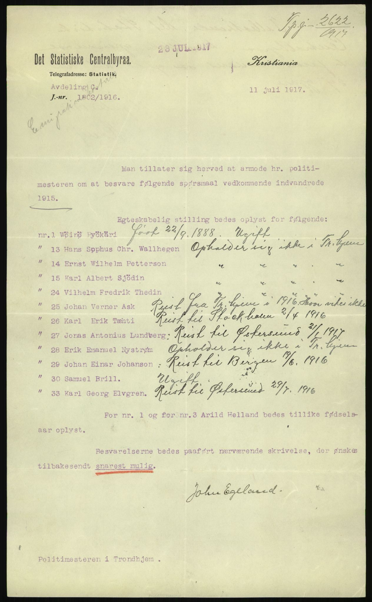Statistisk sentralbyrå, Sosioøkonomiske emner, Folketellinger, boliger og boforhold, AV/RA-S-2231/F/Fa/L0001: Innvandring. Navn/fylkesvis, 1915, p. 9