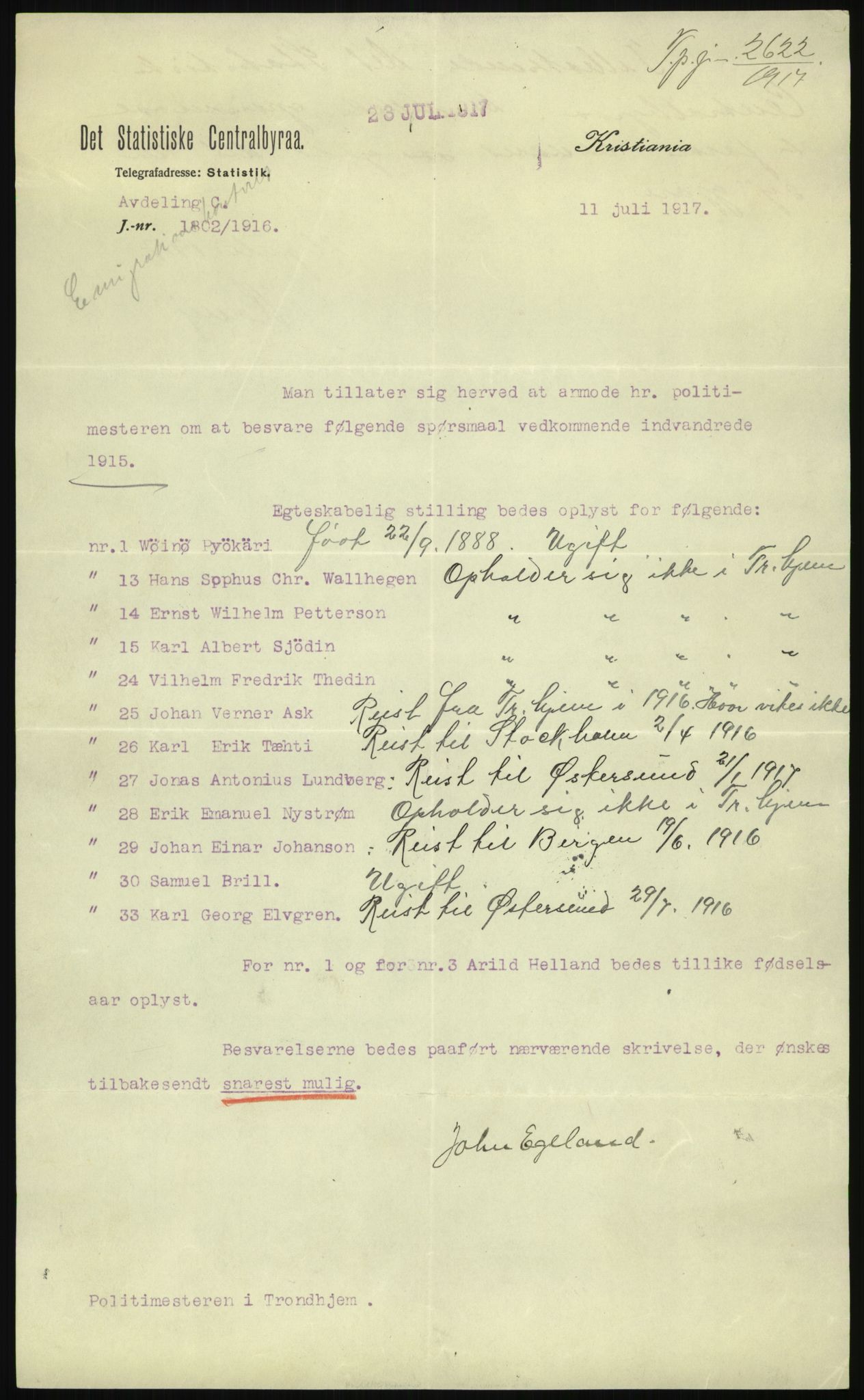 Statistisk sentralbyrå, Sosioøkonomiske emner, Folketellinger, boliger og boforhold, RA/S-2231/F/Fa/L0001: Innvandring. Navn/fylkesvis, 1915, p. 9