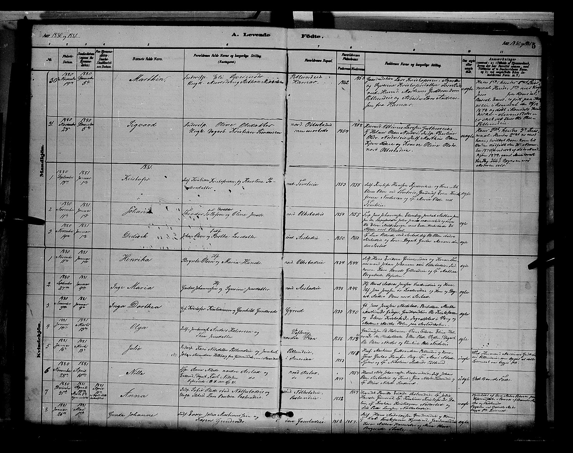 Stange prestekontor, SAH/PREST-002/L/L0007: Parish register (copy) no. 7, 1880-1893, p. 5