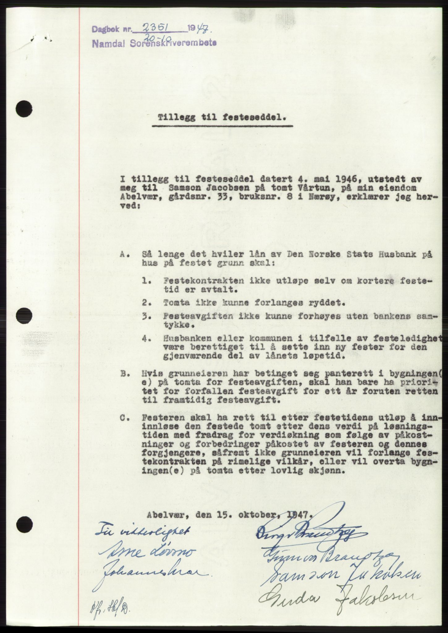 Namdal sorenskriveri, AV/SAT-A-4133/1/2/2C: Mortgage book no. -, 1947-1947, Diary no: : 2351/1947