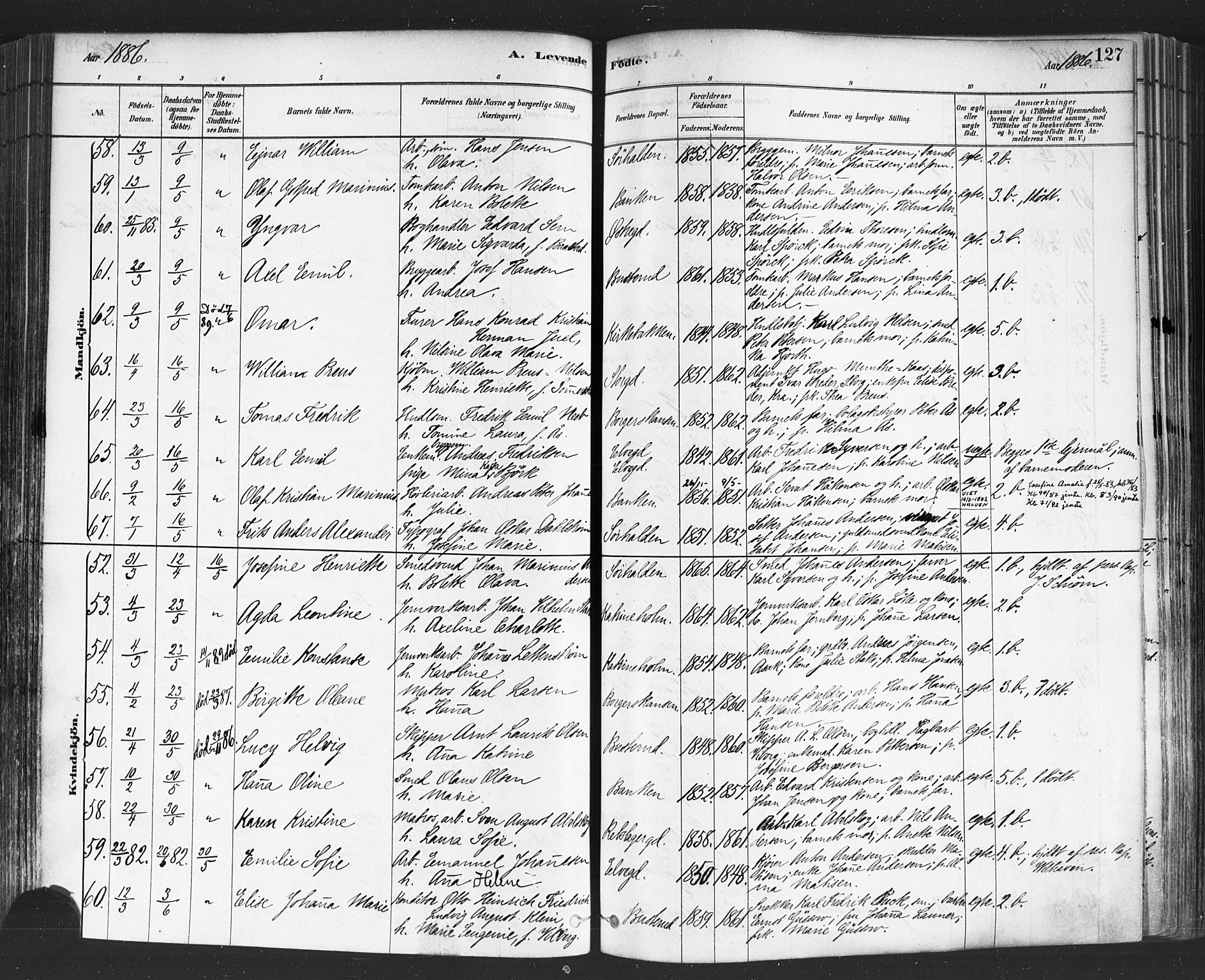 Halden prestekontor Kirkebøker, AV/SAO-A-10909/F/Fa/L0011: Parish register (official) no. I 11, 1878-1889, p. 127