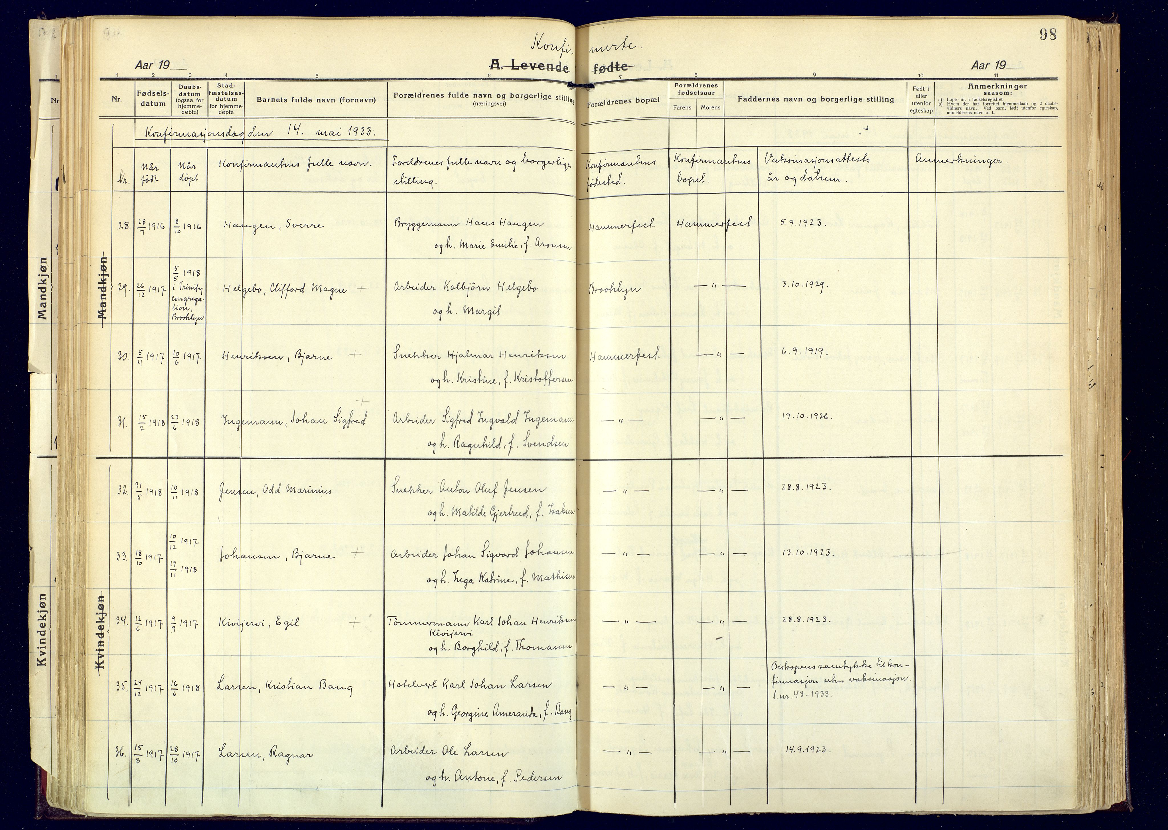 Hammerfest sokneprestkontor, AV/SATØ-S-1347/H/Ha/L0017.kirke: Parish register (official) no. 17, 1923-1933, p. 98