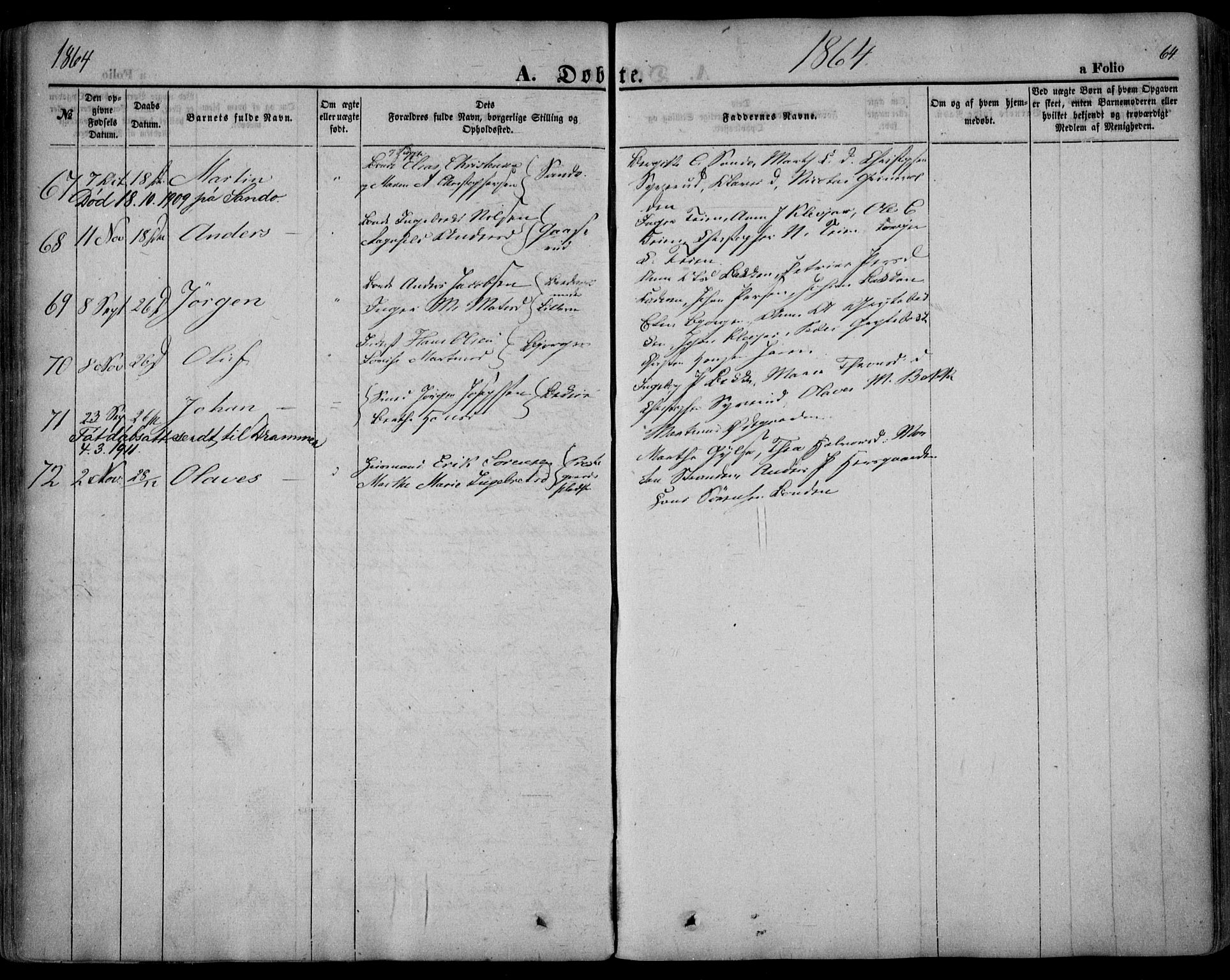 Sande Kirkebøker, SAKO/A-53/F/Fa/L0004: Parish register (official) no. 4, 1847-1864, p. 64