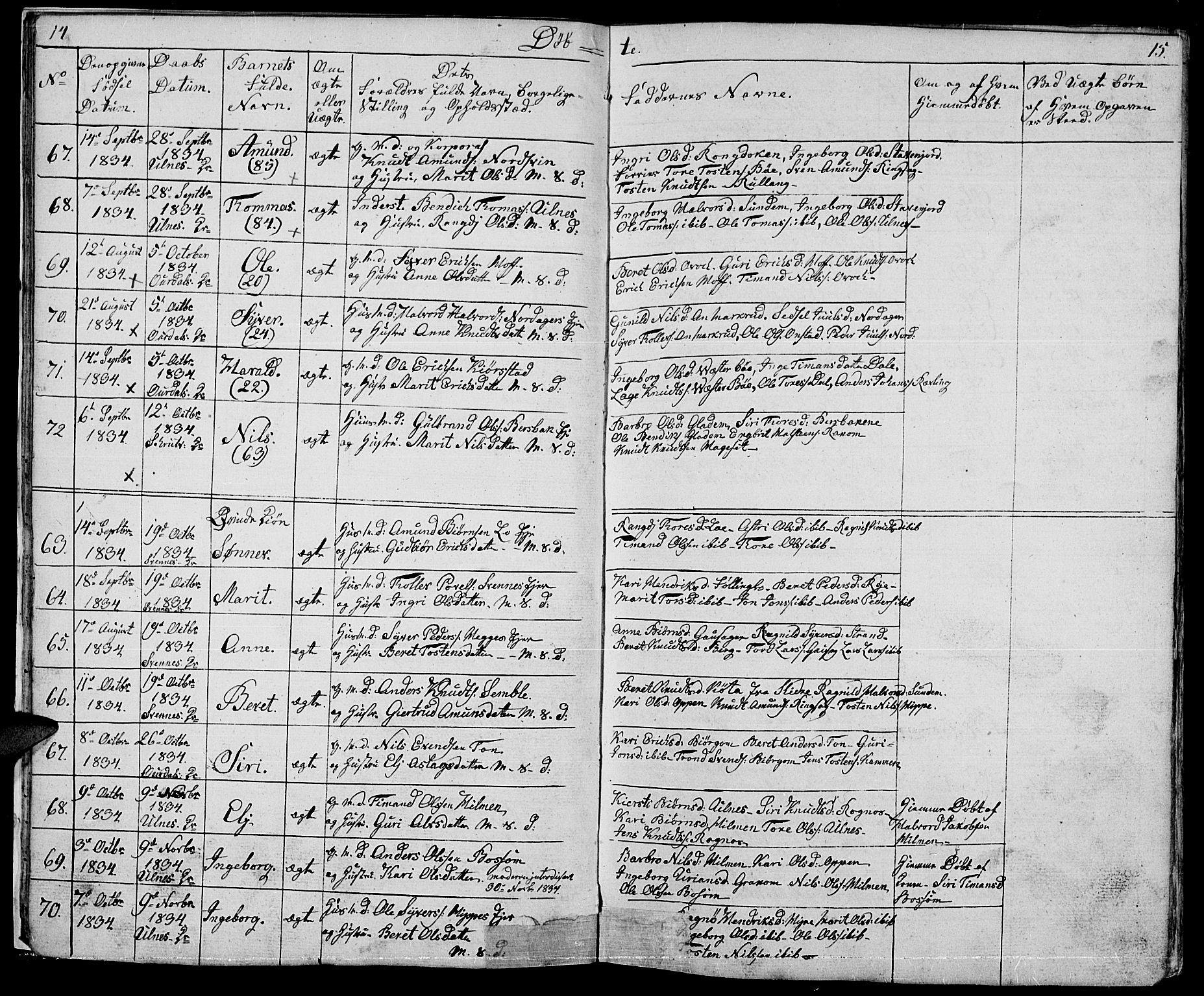 Nord-Aurdal prestekontor, SAH/PREST-132/H/Ha/Hab/L0001: Parish register (copy) no. 1, 1834-1887, p. 14-15