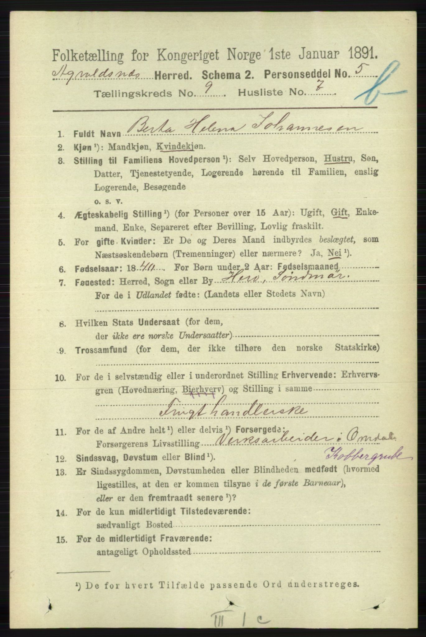 RA, 1891 census for 1147 Avaldsnes, 1891, p. 5036