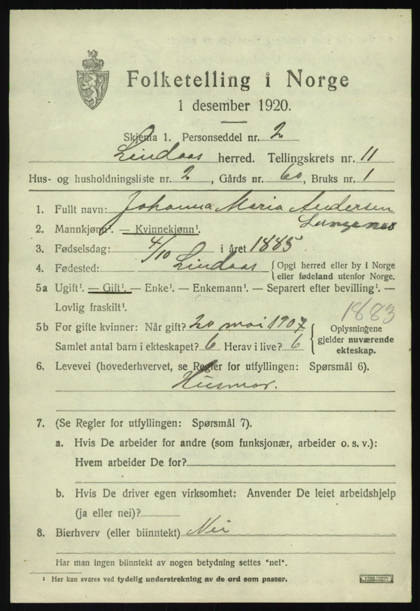 SAB, 1920 census for Lindås, 1920, p. 5611