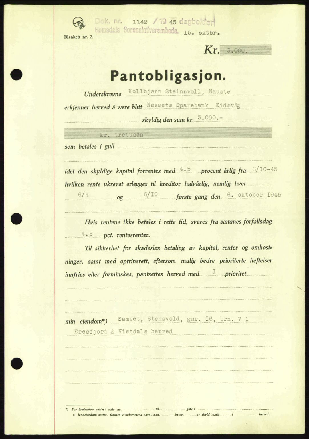 Romsdal sorenskriveri, AV/SAT-A-4149/1/2/2C: Mortgage book no. B2, 1939-1945, Diary no: : 1142/1945