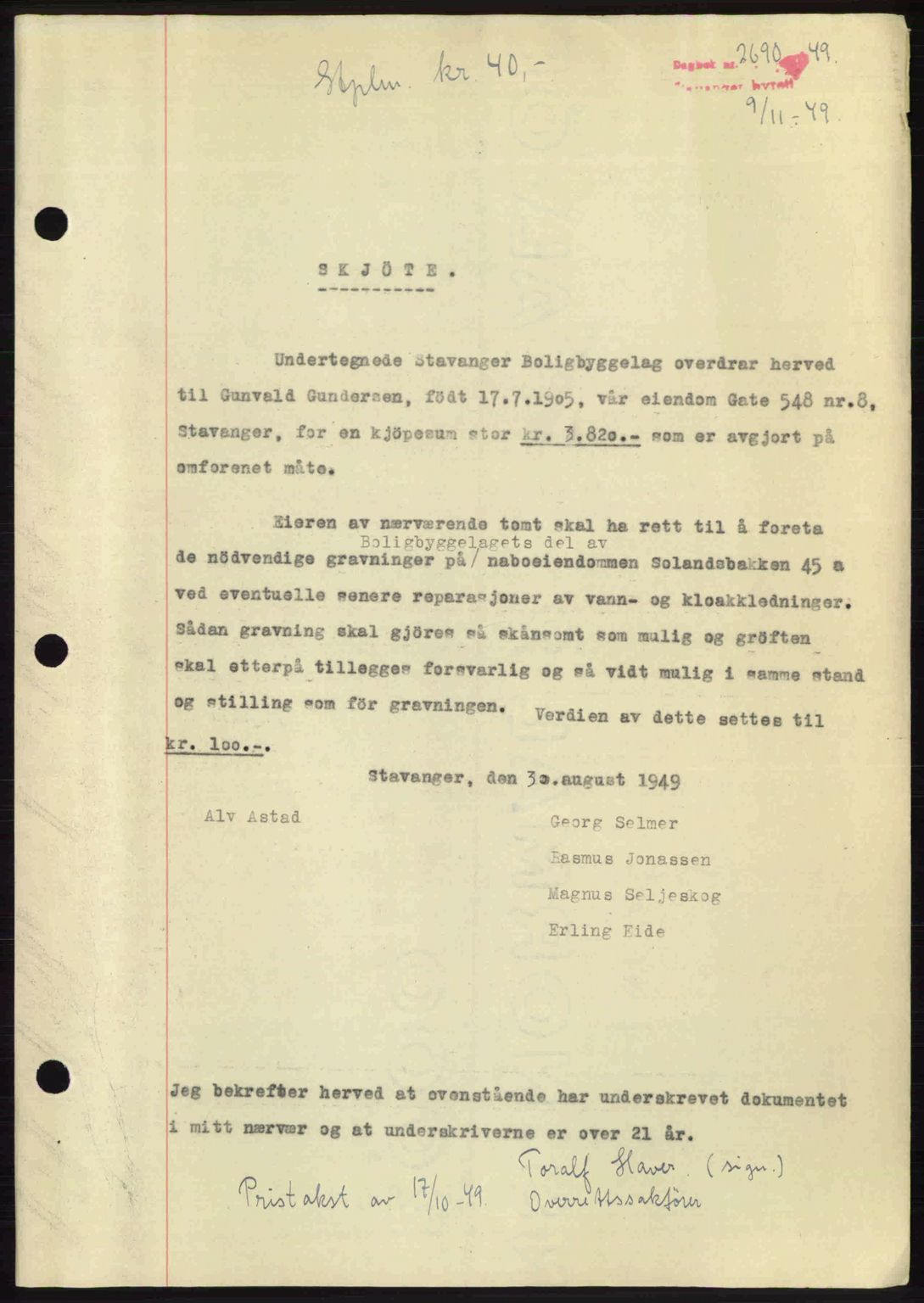 Stavanger byrett, SAST/A-100455/002/G/Gb/L0023: Mortgage book no. A12, 1948-1949, Diary no: : 2690/1949