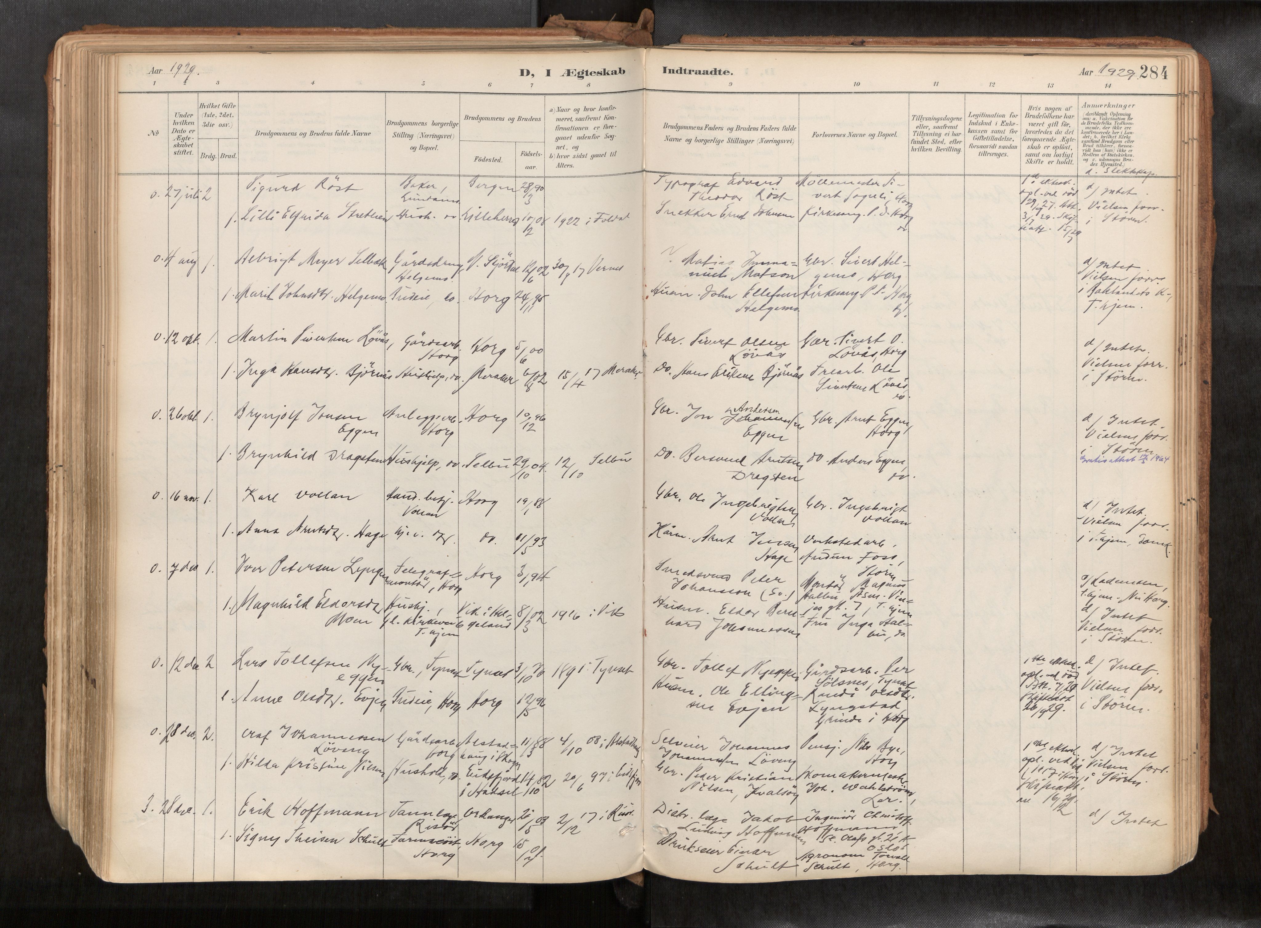 Ministerialprotokoller, klokkerbøker og fødselsregistre - Sør-Trøndelag, AV/SAT-A-1456/692/L1105b: Parish register (official) no. 692A06, 1891-1934, p. 284