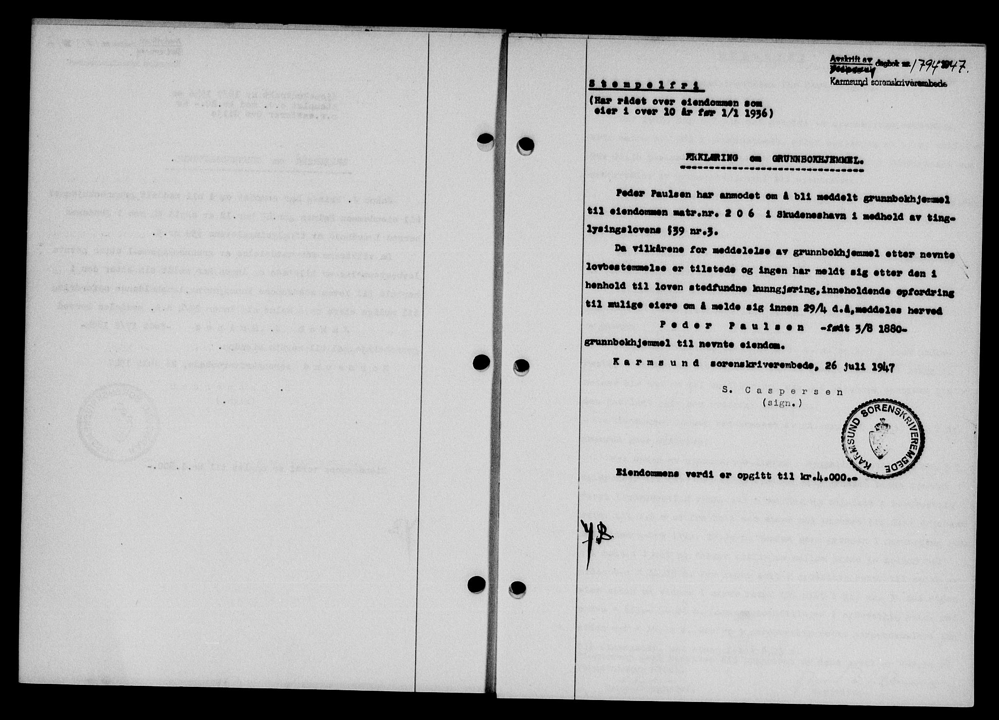 Karmsund sorenskriveri, SAST/A-100311/01/II/IIB/L0090: Mortgage book no. 70A, 1947-1947, Diary no: : 1794/1947