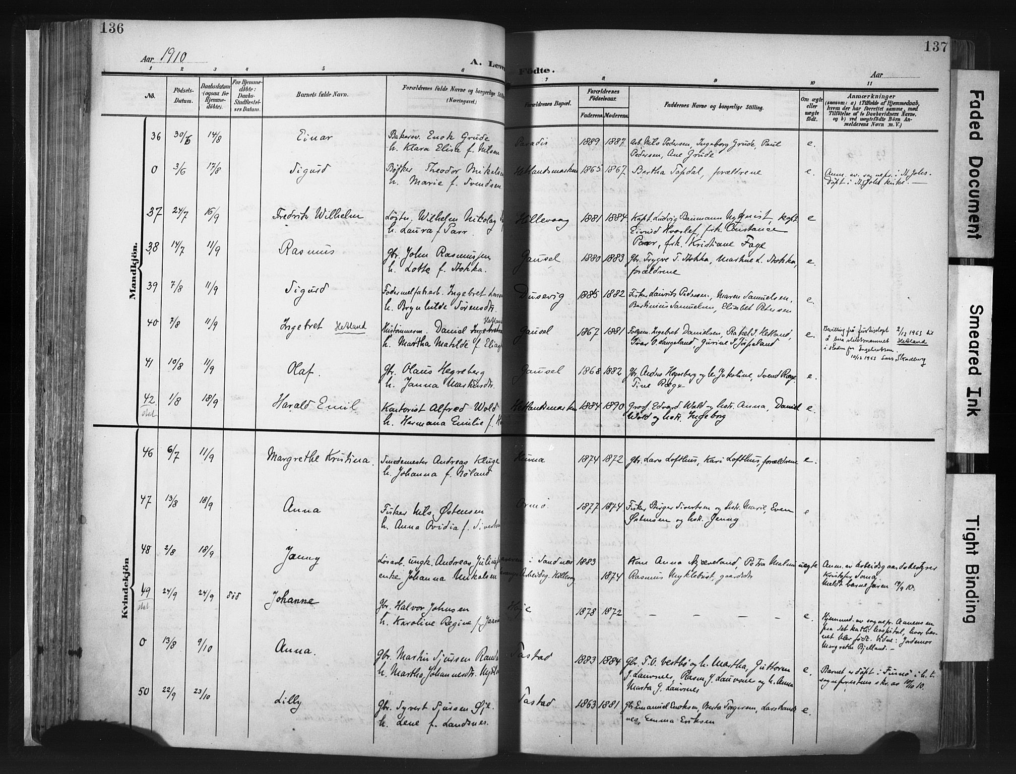 Hetland sokneprestkontor, AV/SAST-A-101826/30/30BA/L0013: Parish register (official) no. A 13, 1904-1918, p. 136-137