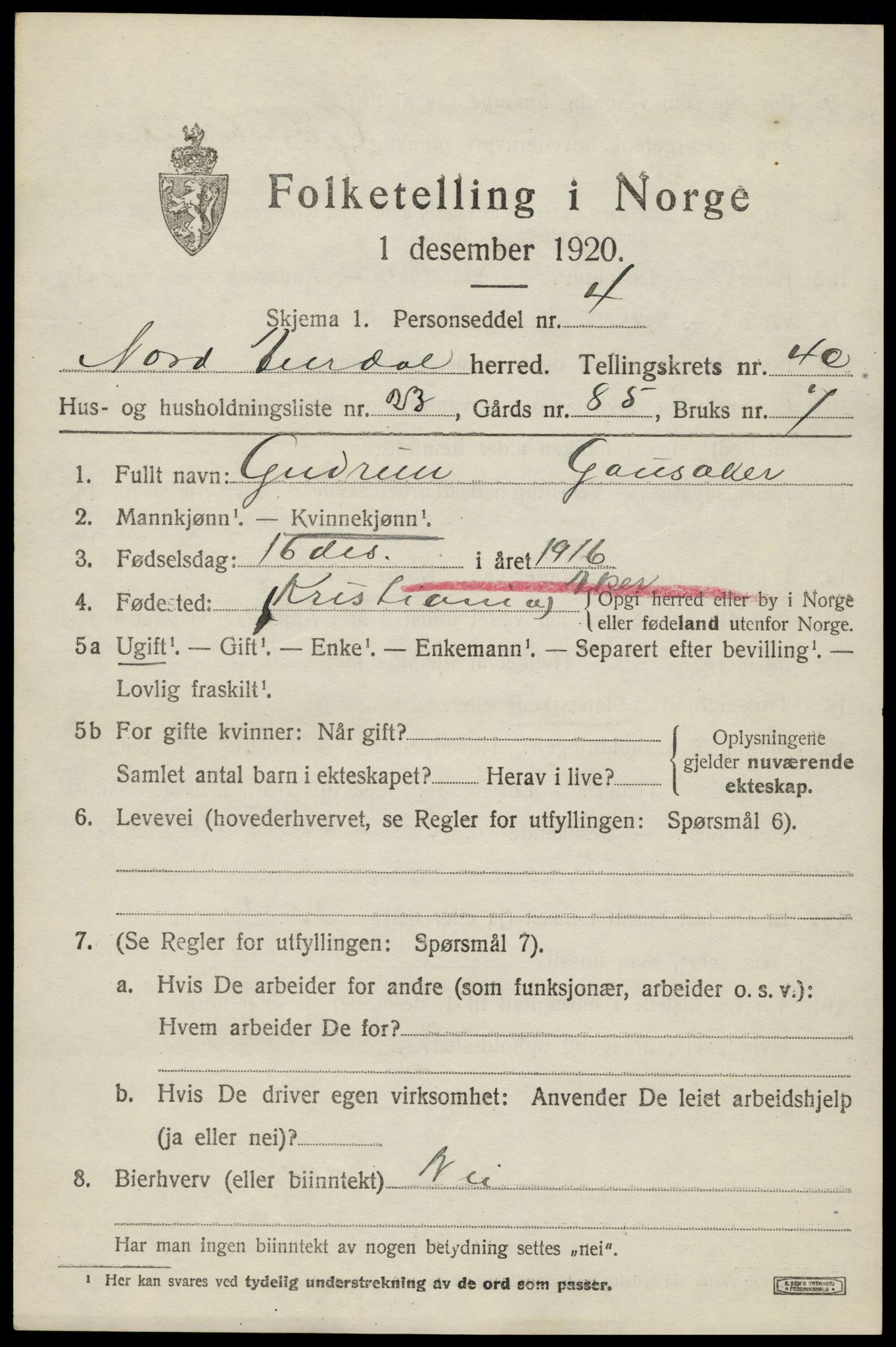 SAH, 1920 census for Nord-Aurdal, 1920, p. 3982