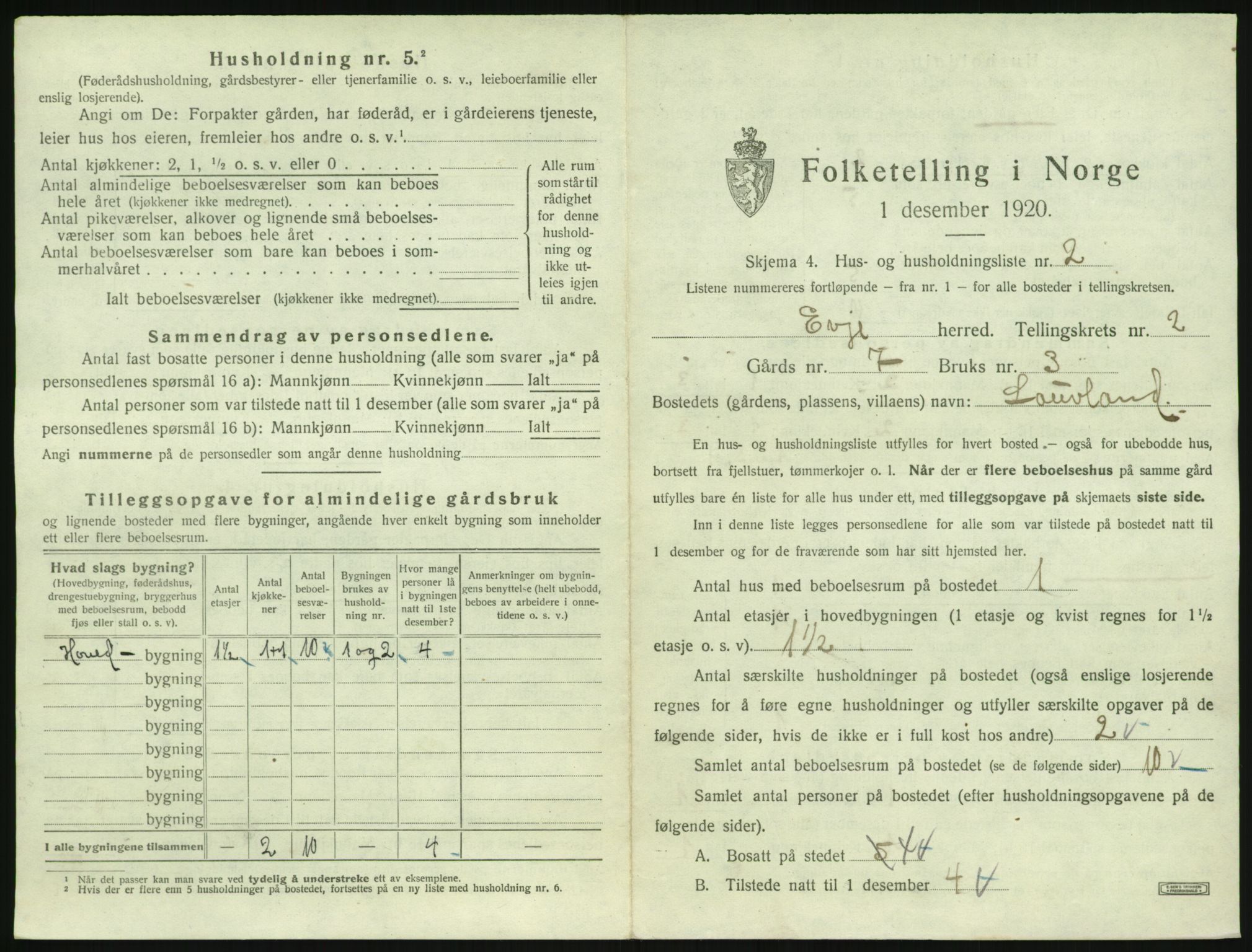 SAK, 1920 census for Evje, 1920, p. 66