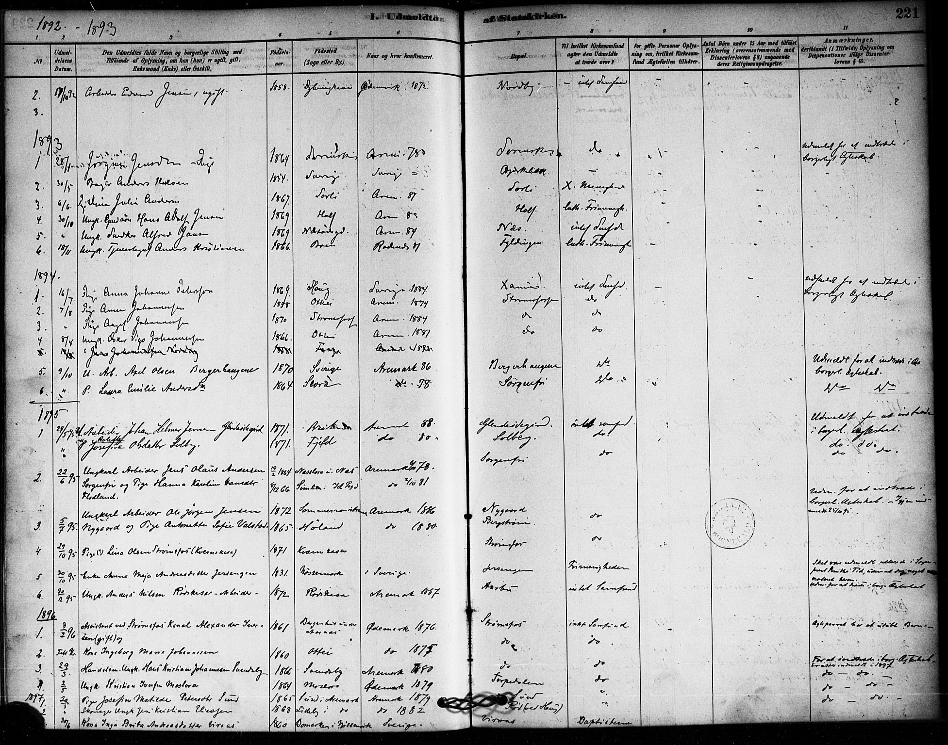 Aremark prestekontor Kirkebøker, AV/SAO-A-10899/F/Fa/L0005: Parish register (official) no. I 5, 1878-1897, p. 221