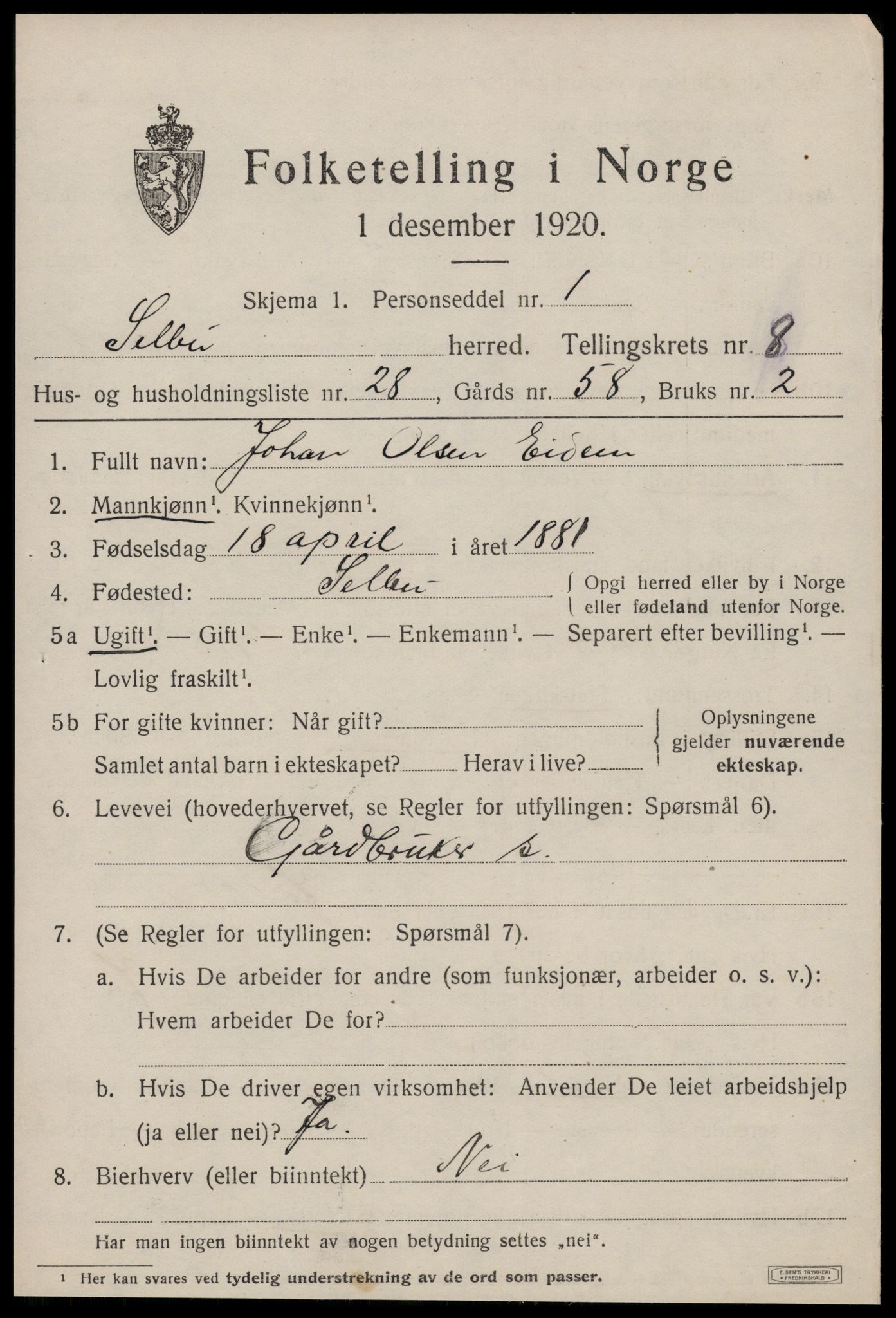 SAT, 1920 census for Selbu, 1920, p. 4746