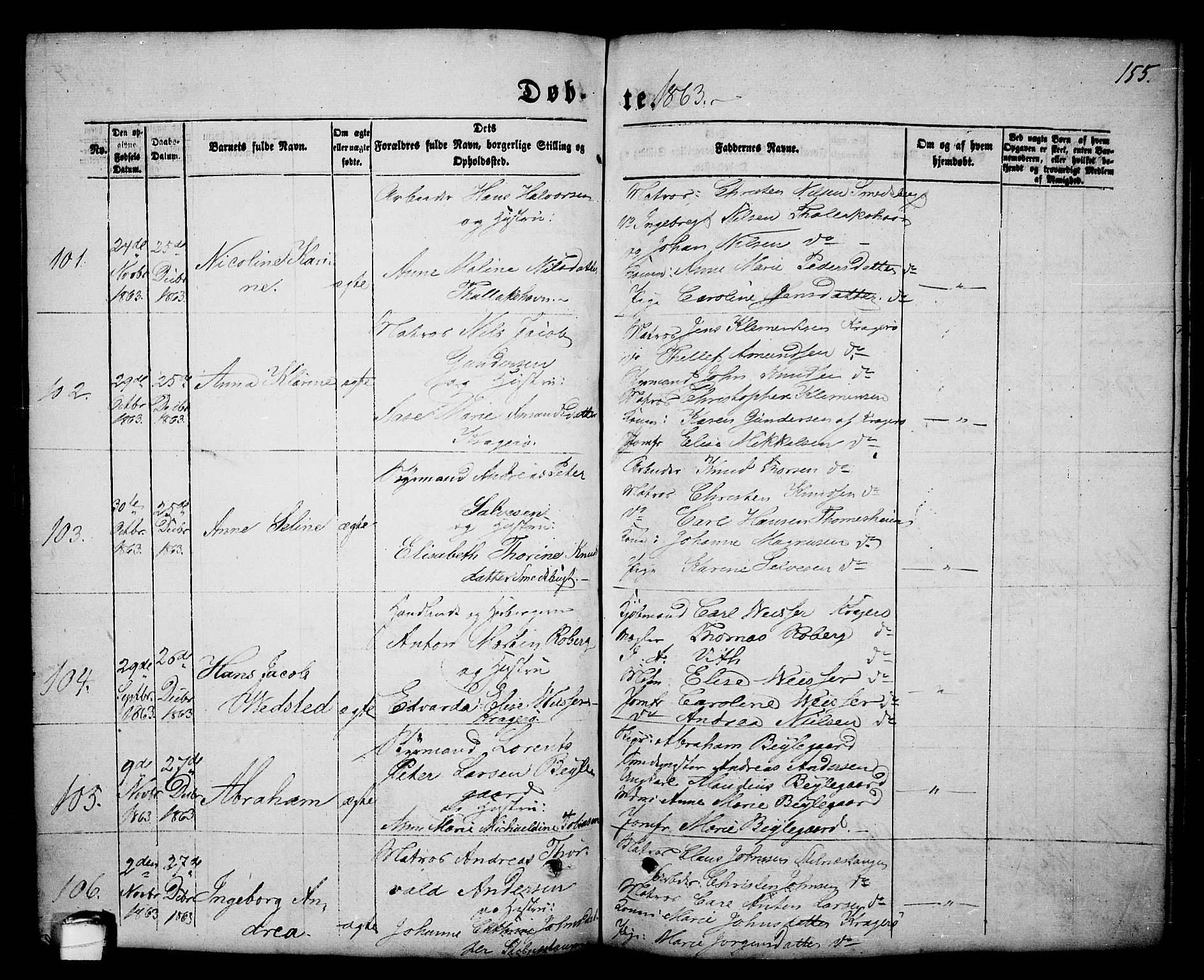 Kragerø kirkebøker, AV/SAKO-A-278/G/Ga/L0004: Parish register (copy) no. 4, 1853-1865, p. 155