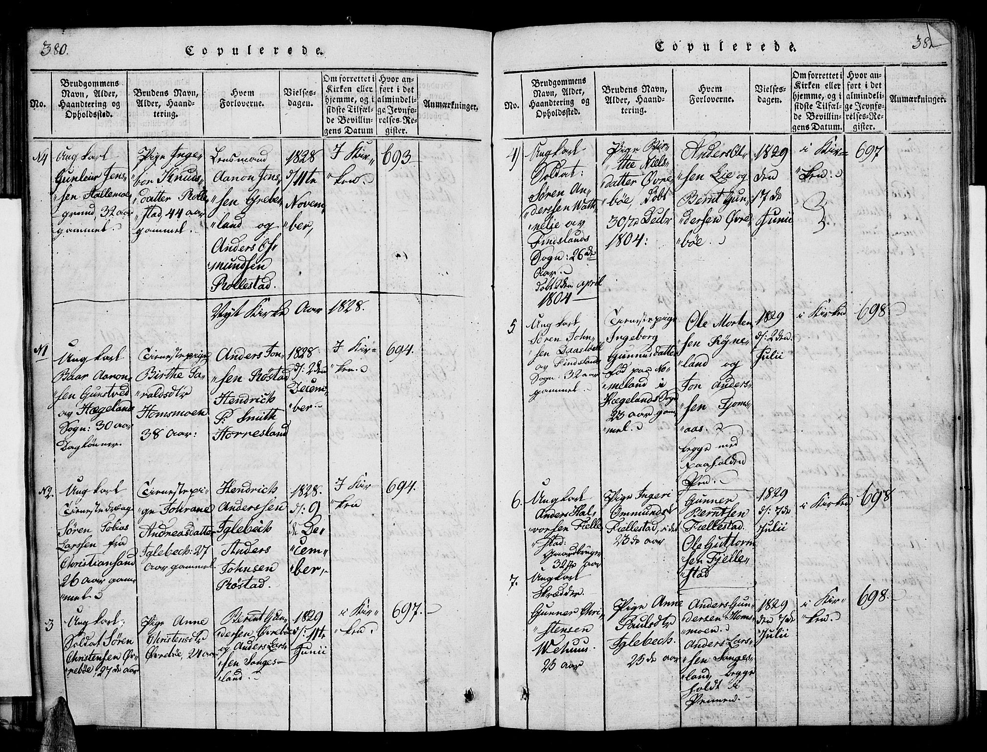 Vennesla sokneprestkontor, AV/SAK-1111-0045/Fa/Fac/L0003: Parish register (official) no. A 3, 1820-1834, p. 380-381