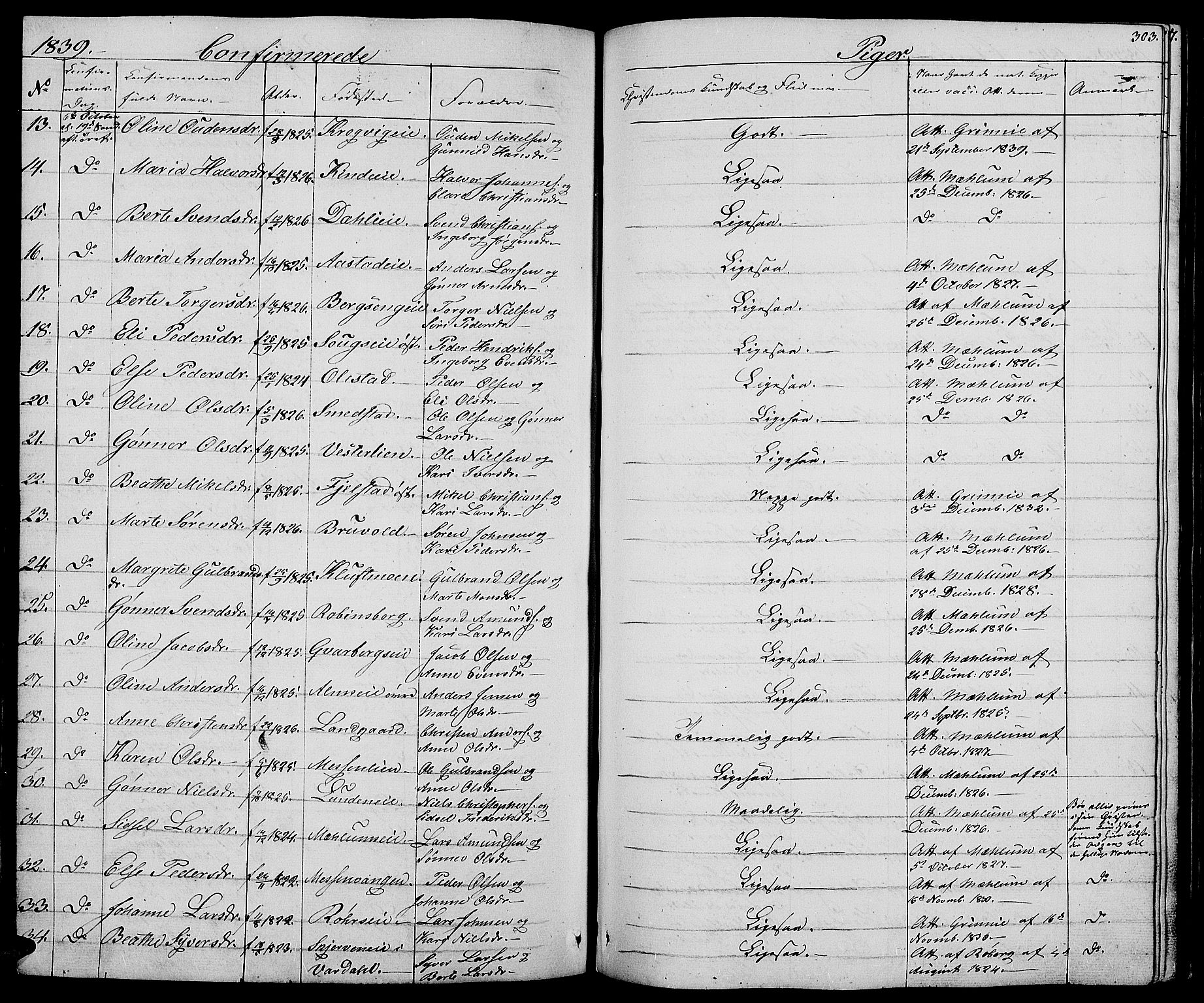 Ringsaker prestekontor, AV/SAH-PREST-014/L/La/L0005: Parish register (copy) no. 5, 1839-1850, p. 303