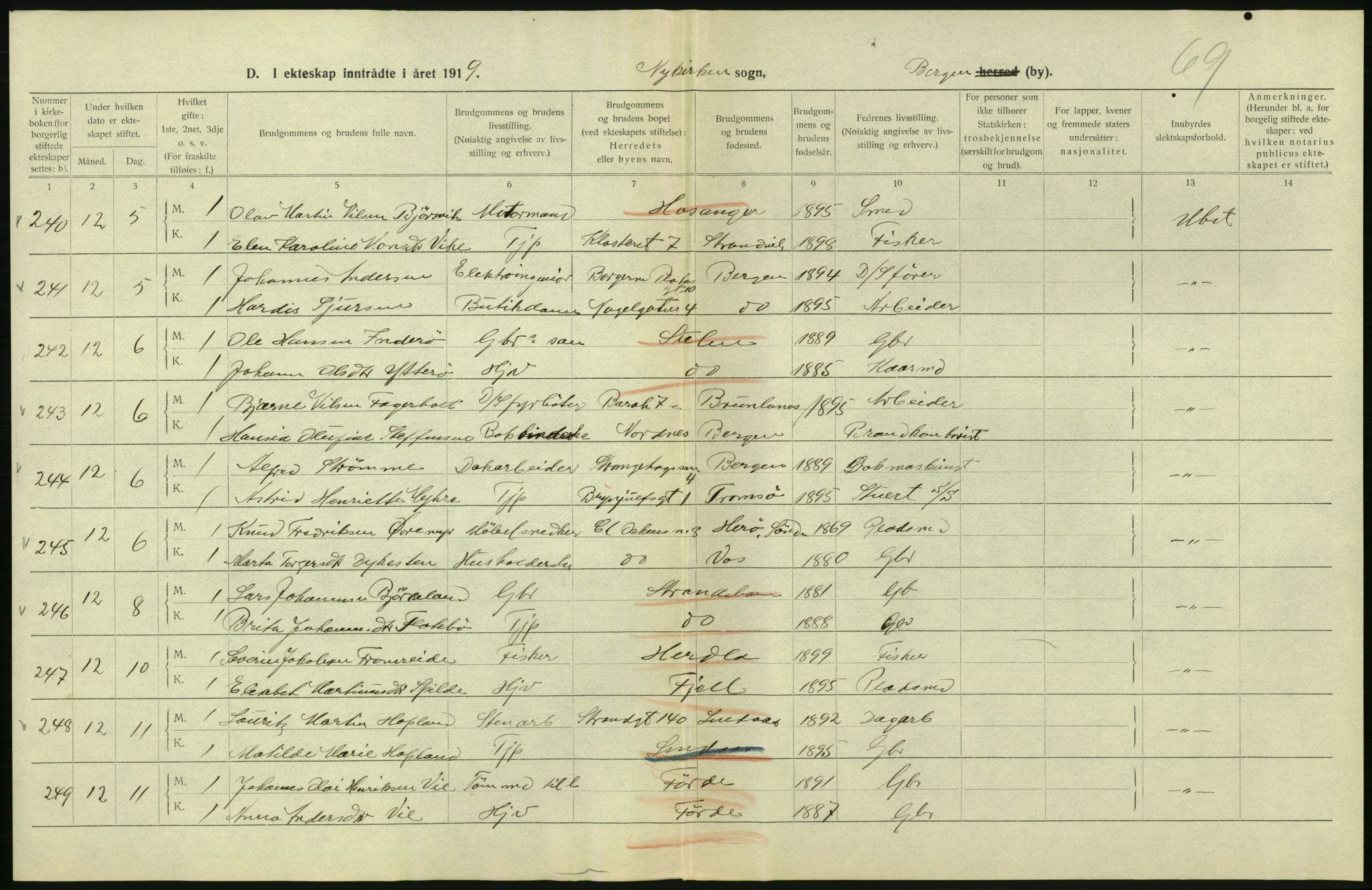 Statistisk sentralbyrå, Sosiodemografiske emner, Befolkning, RA/S-2228/D/Df/Dfb/Dfbi/L0035: Bergen: Gifte, døde, dødfødte., 1919, p. 102