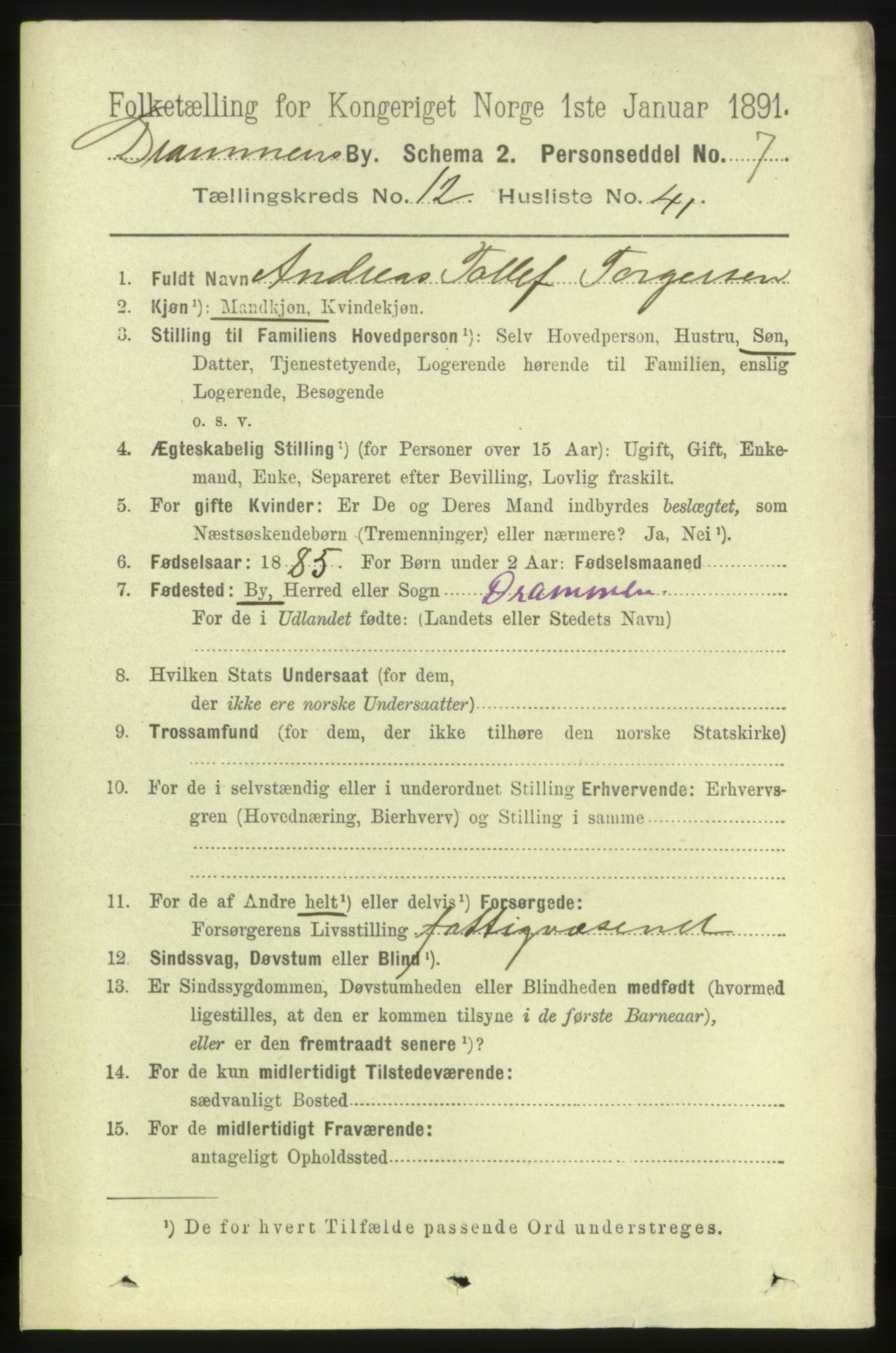 RA, 1891 census for 0602 Drammen, 1891, p. 9474