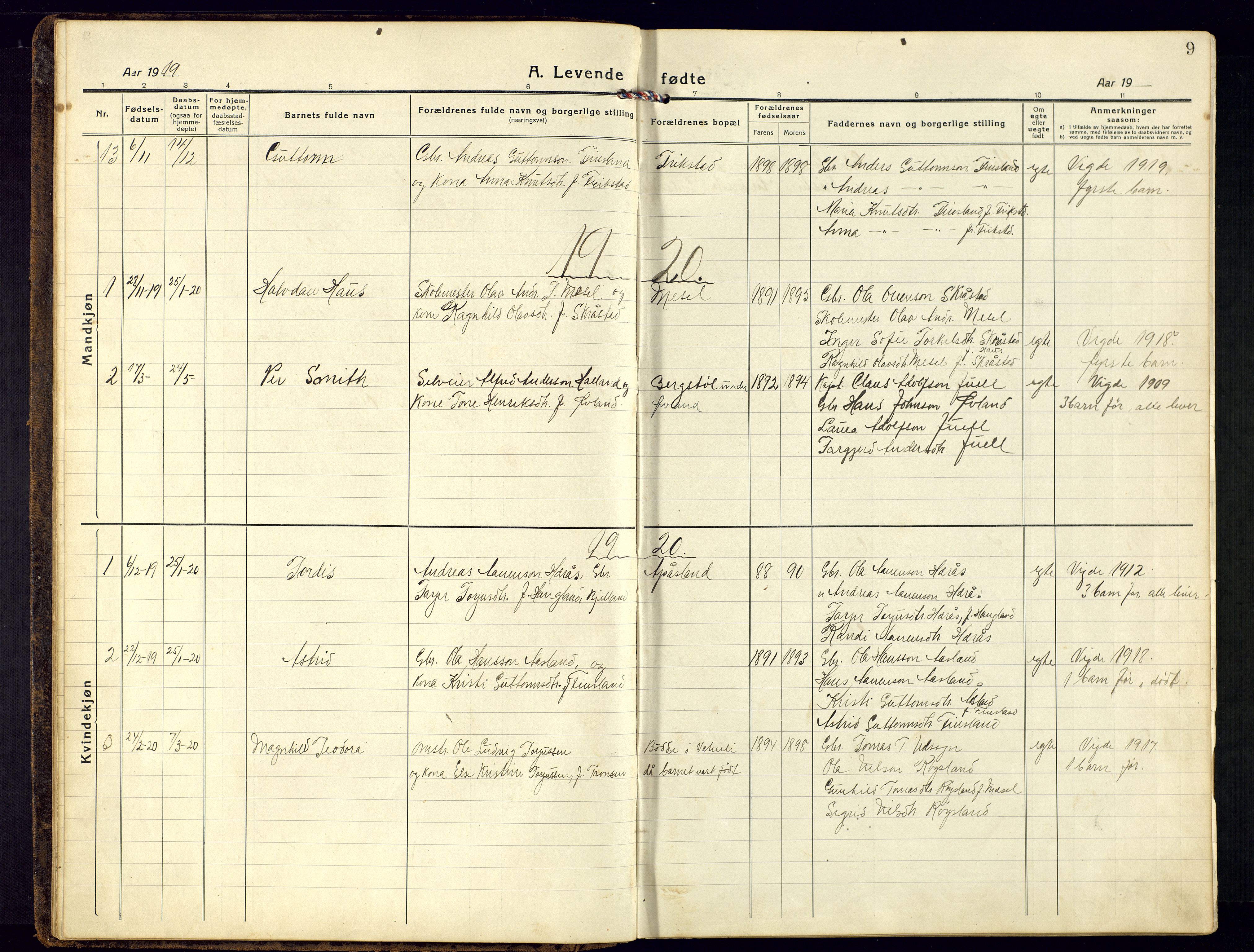 Bjelland sokneprestkontor, AV/SAK-1111-0005/F/Fb/Fbb/L0006: Parish register (copy) no. B-6, 1918-1946, p. 9