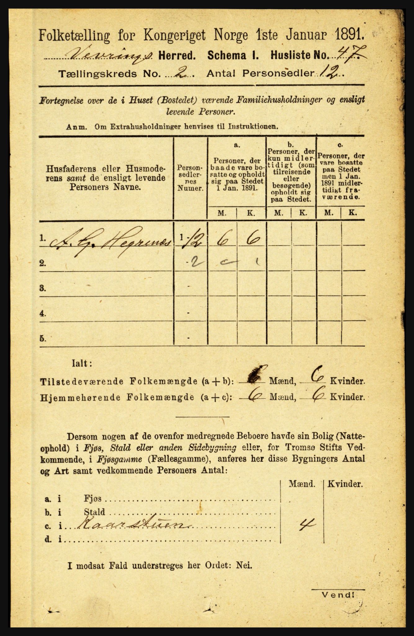 RA, 1891 census for 1434 Vevring, 1891, p. 417