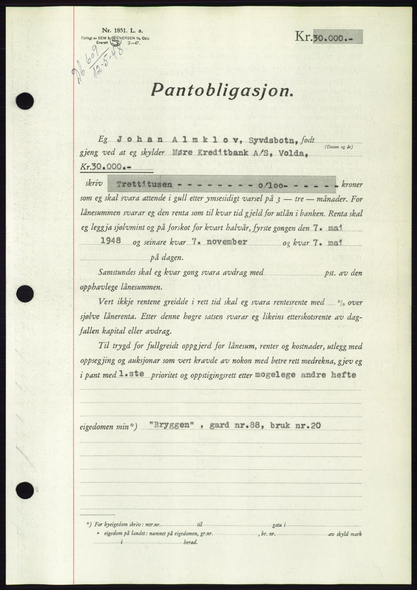 Søre Sunnmøre sorenskriveri, AV/SAT-A-4122/1/2/2C/L0115: Mortgage book no. 3B, 1947-1948, Diary no: : 609/1948