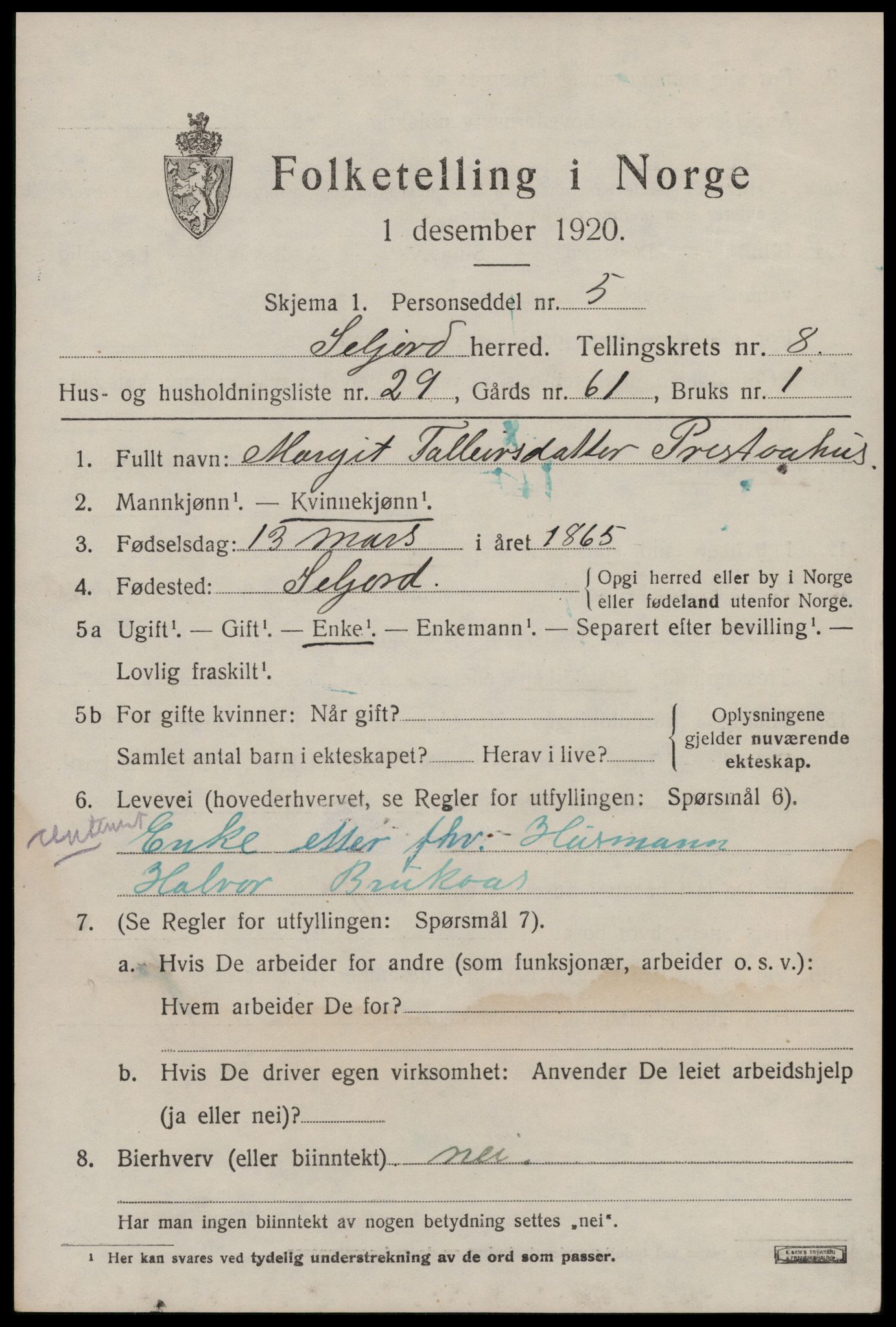 SAKO, 1920 census for Seljord, 1920, p. 4204