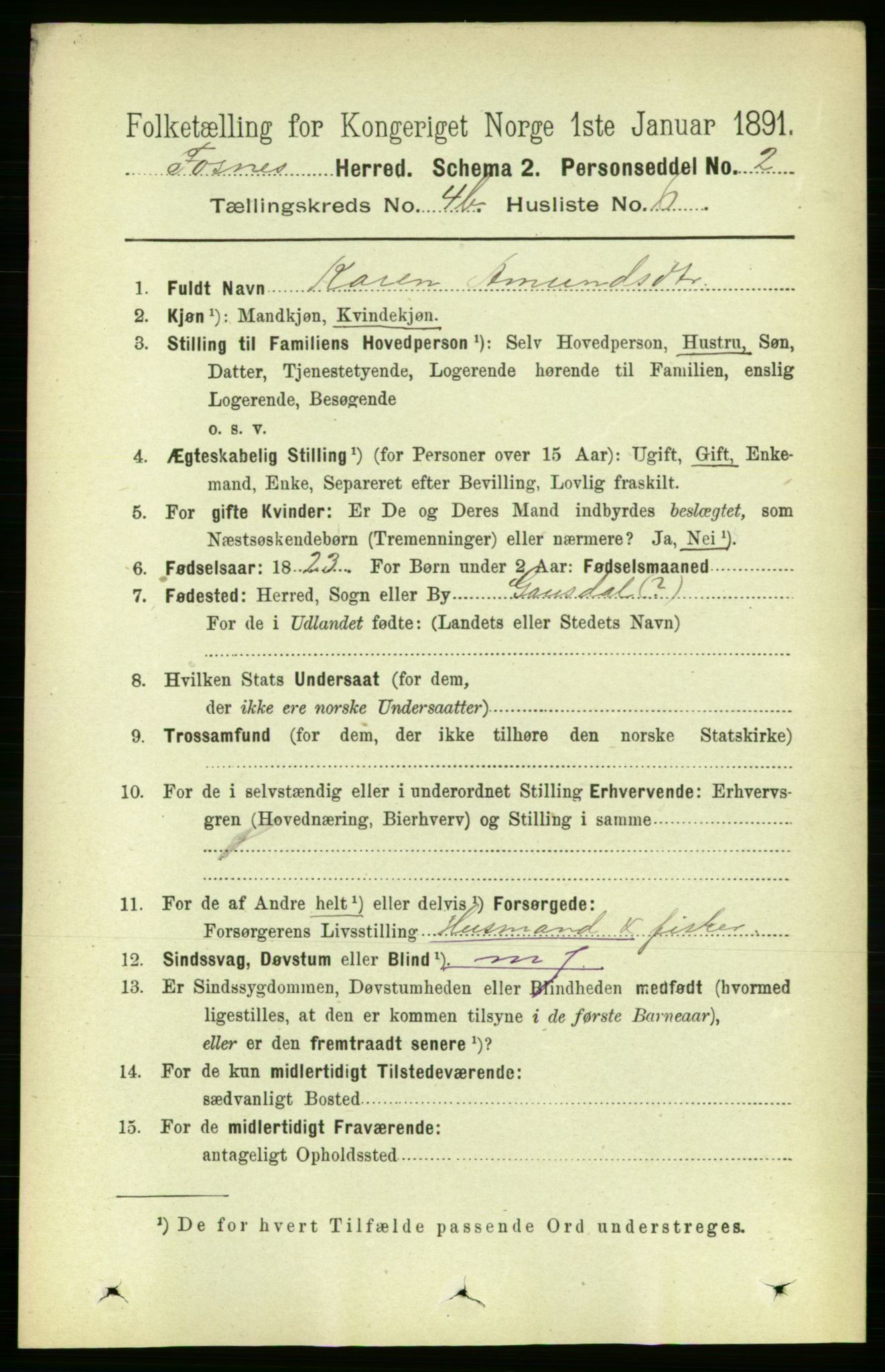 RA, 1891 census for 1748 Fosnes, 1891, p. 1746