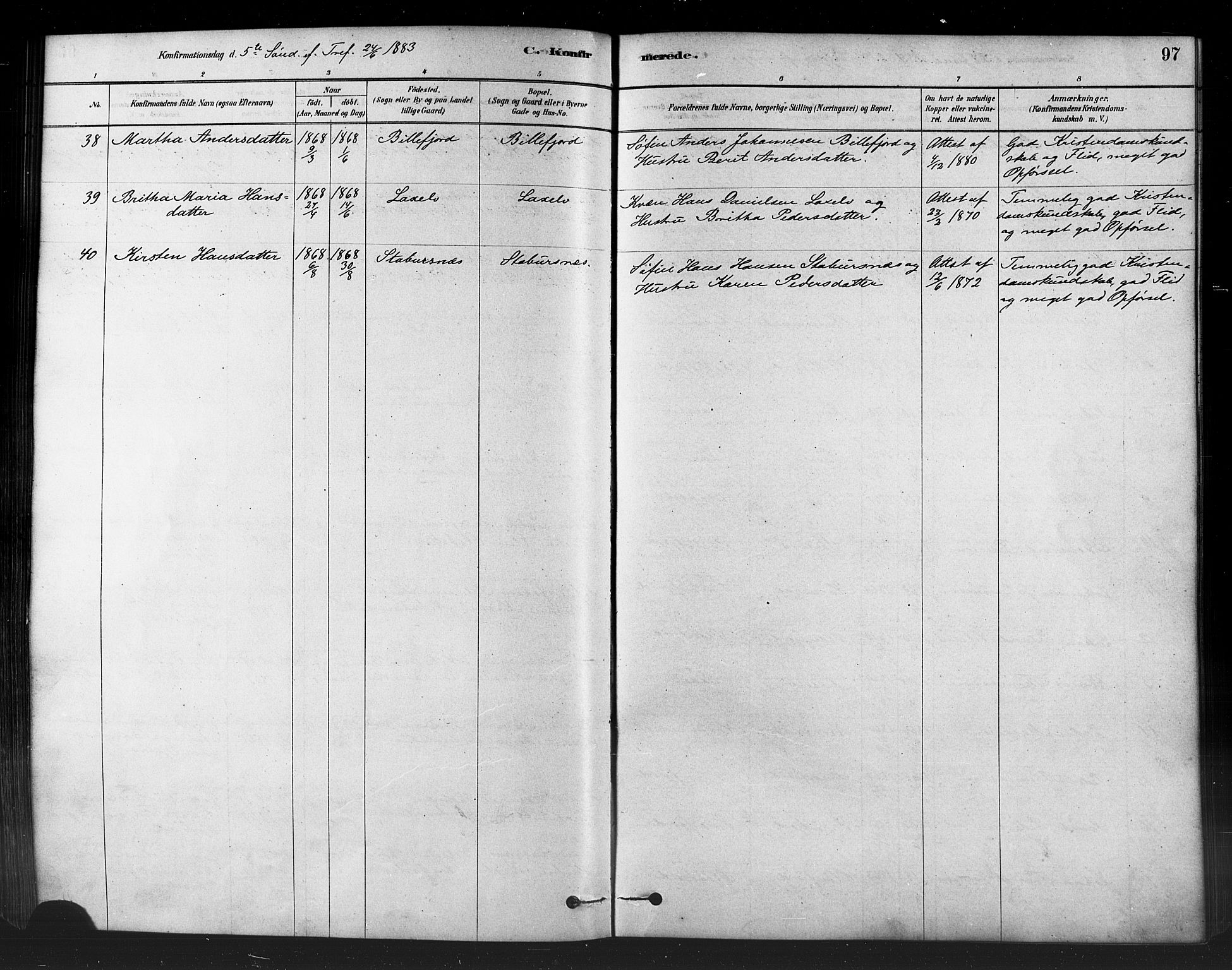 Kistrand/Porsanger sokneprestembete, SATØ/S-1351/H/Ha/L0007.kirke: Parish register (official) no. 7, 1881-1889, p. 97