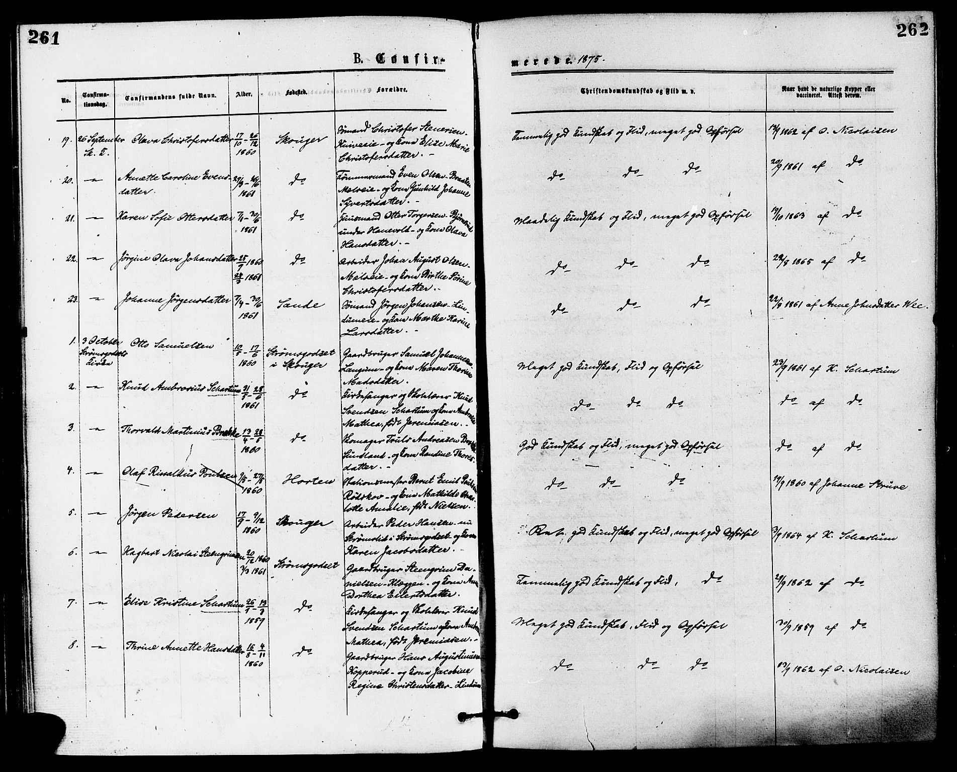 Skoger kirkebøker, AV/SAKO-A-59/F/Fa/L0005: Parish register (official) no. I 5, 1873-1884, p. 261-262