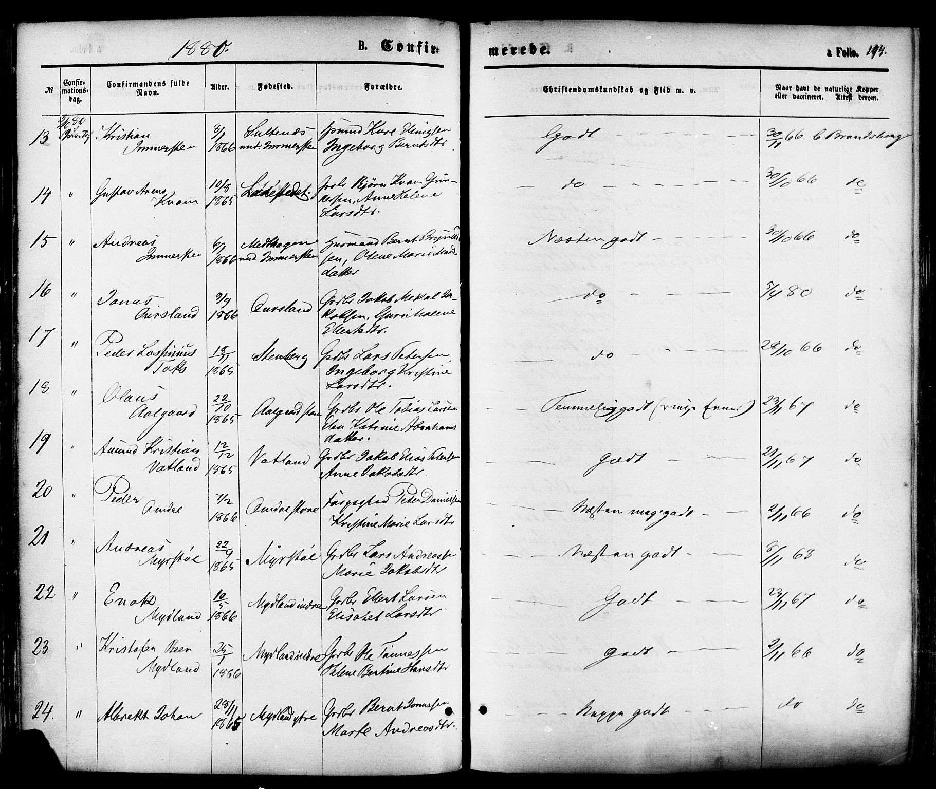 Sokndal sokneprestkontor, AV/SAST-A-101808: Parish register (official) no. A 10, 1874-1886, p. 194