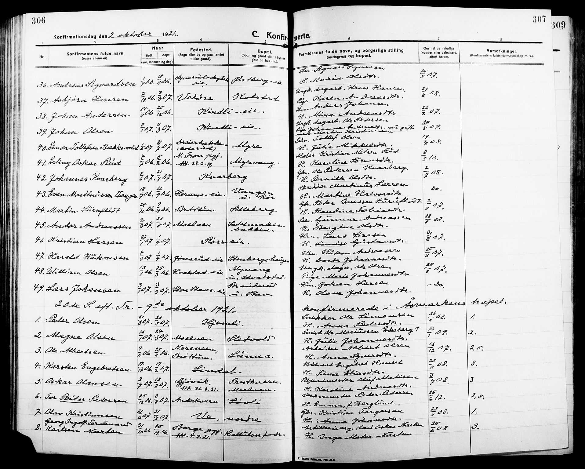 Ringsaker prestekontor, AV/SAH-PREST-014/L/La/L0018: Parish register (copy) no. 18, 1913-1922, p. 306-307