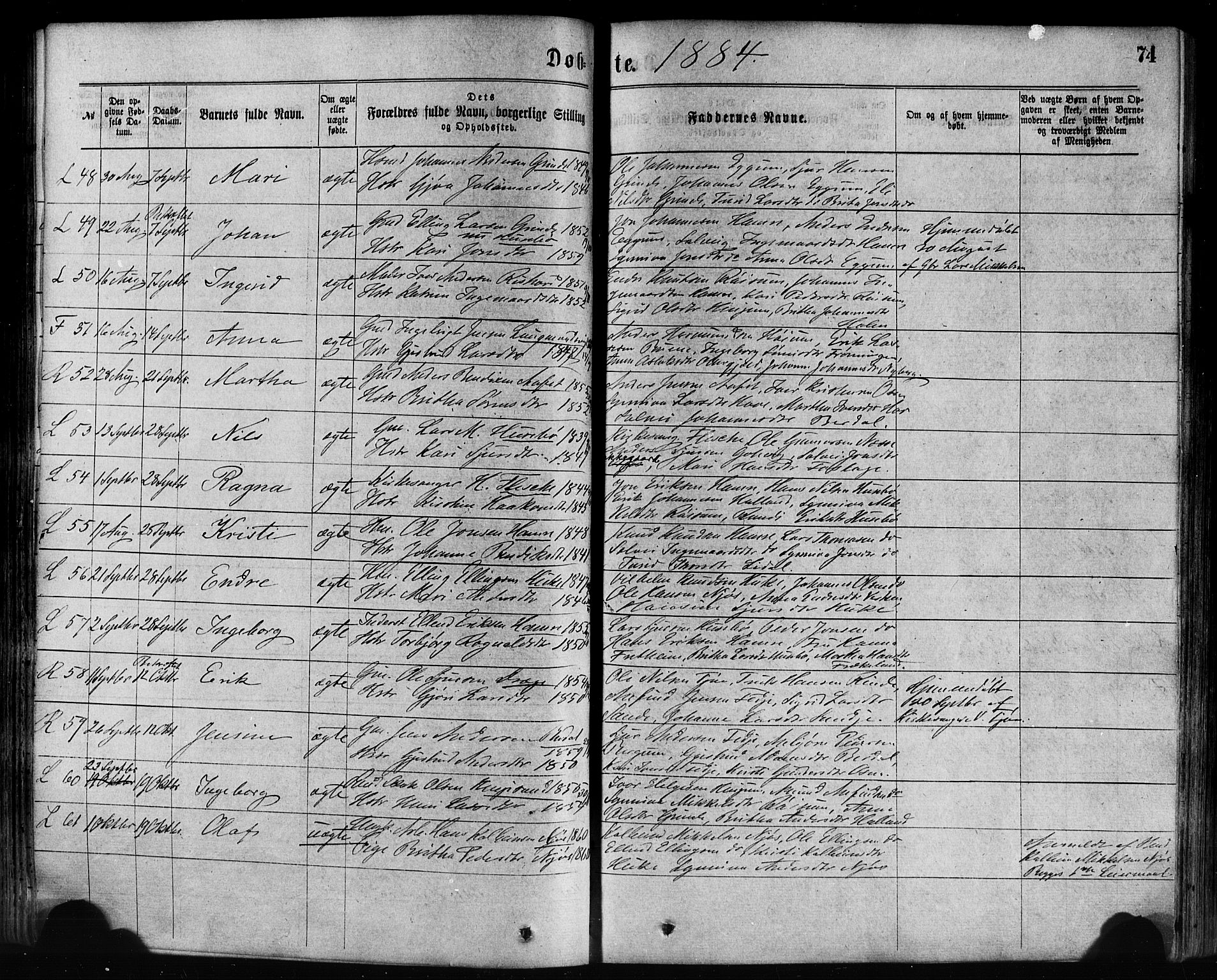 Leikanger sokneprestembete, AV/SAB-A-81001/H/Haa/Haaa/L0009: Parish register (official) no. A 9, 1869-1888, p. 74
