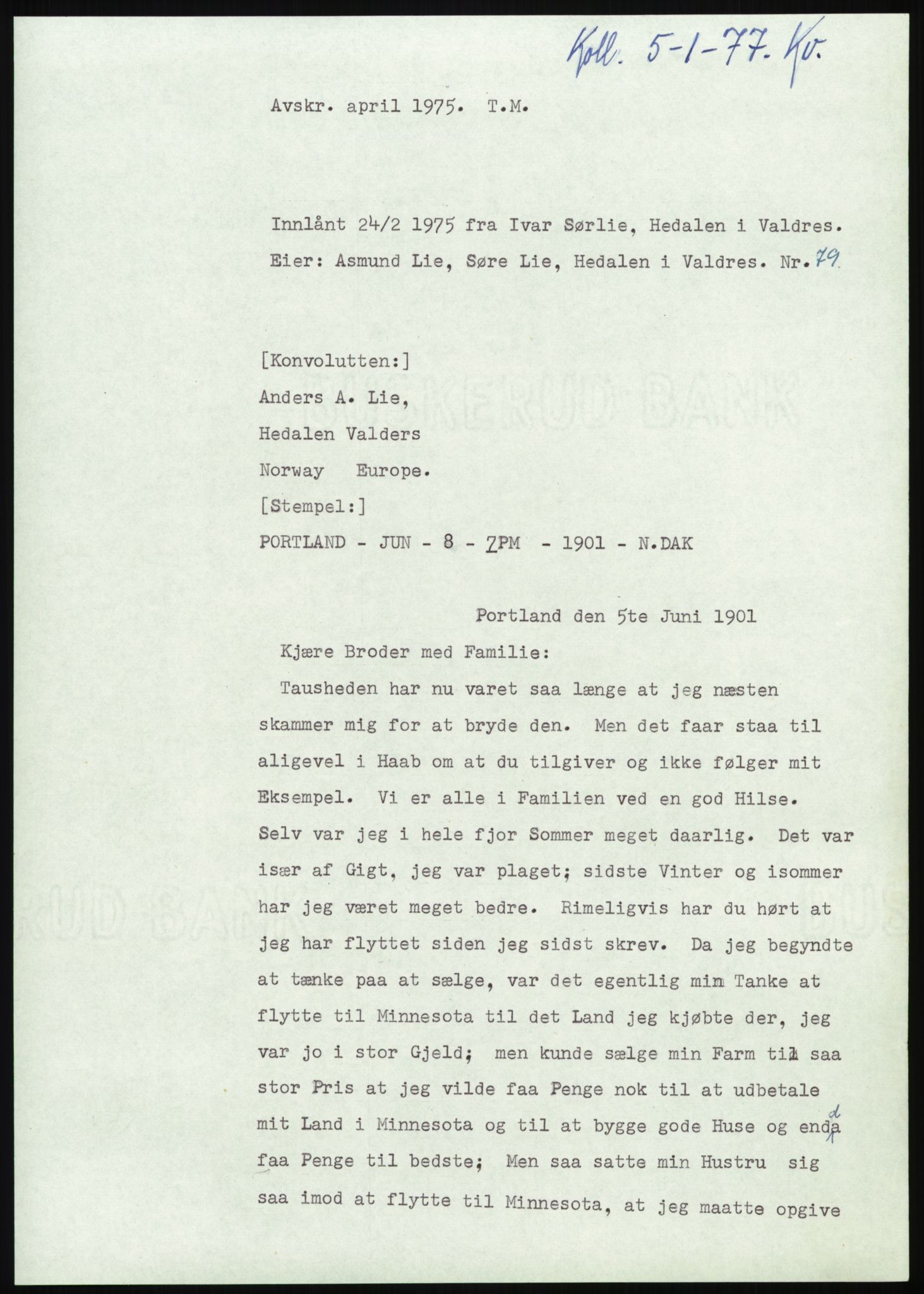 Samlinger til kildeutgivelse, Amerikabrevene, AV/RA-EA-4057/F/L0013: Innlån fra Oppland: Lie (brevnr 79-115) - Nordrum, 1838-1914, p. 5