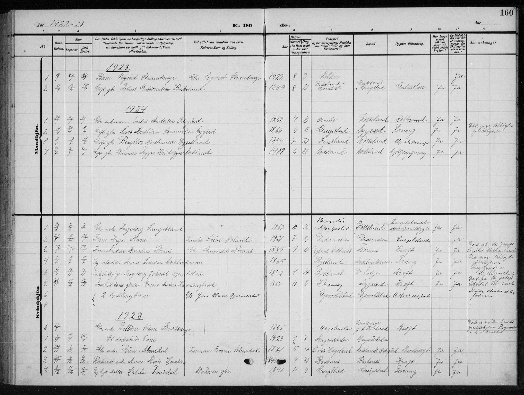 Søgne sokneprestkontor, AV/SAK-1111-0037/F/Fb/Fba/L0005: Parish register (copy) no. B 5, 1904-1936, p. 160