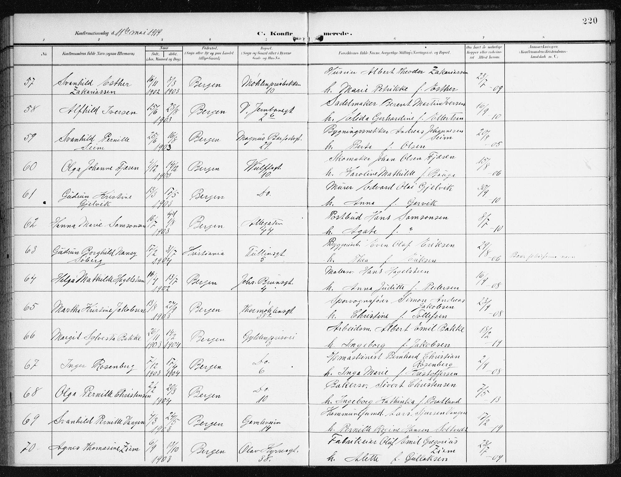 Johanneskirken sokneprestembete, AV/SAB-A-76001/H/Haa/L0009: Parish register (official) no. C 2, 1907-1924, p. 220