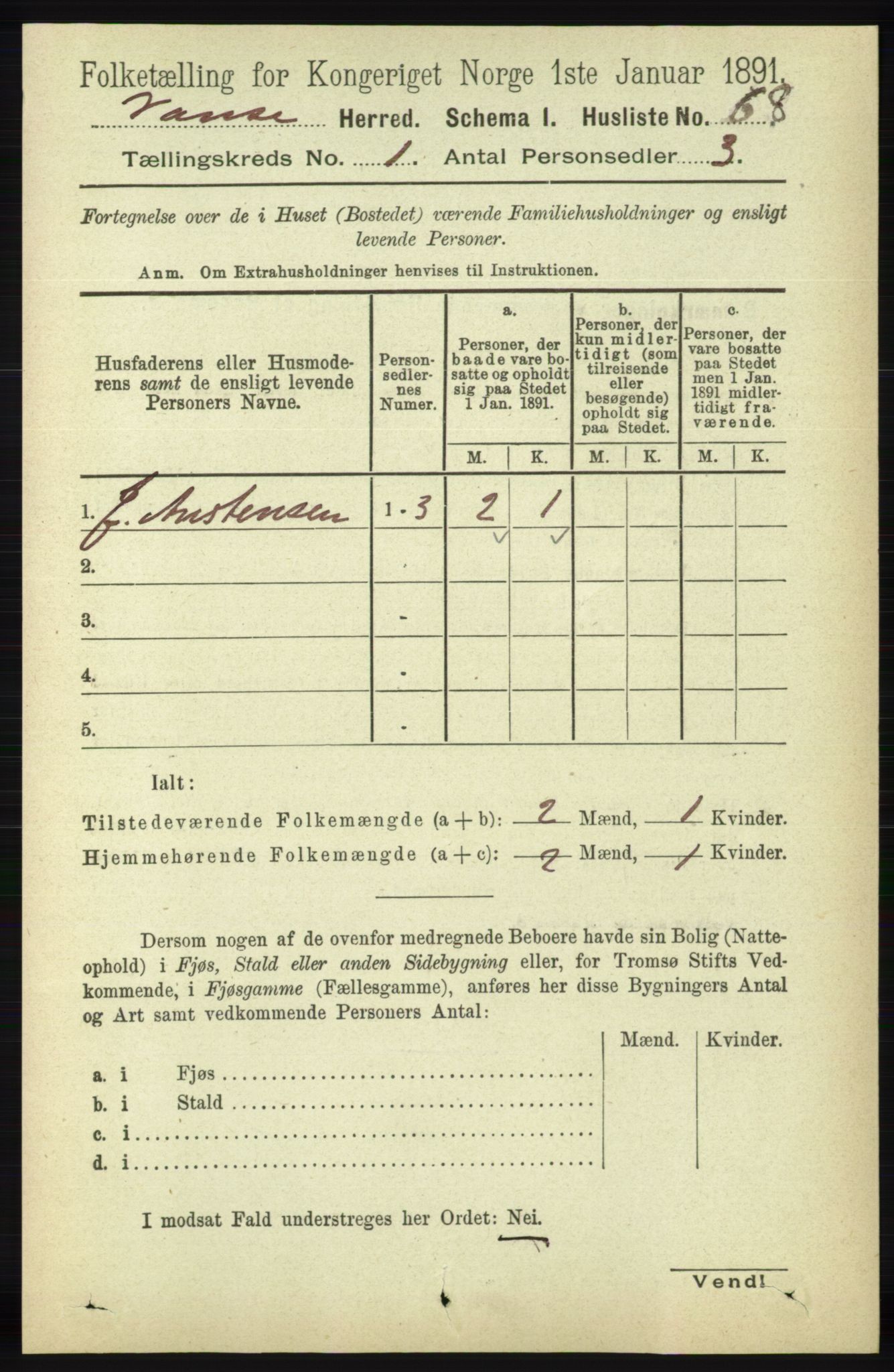 RA, 1891 census for 1041 Vanse, 1891, p. 119