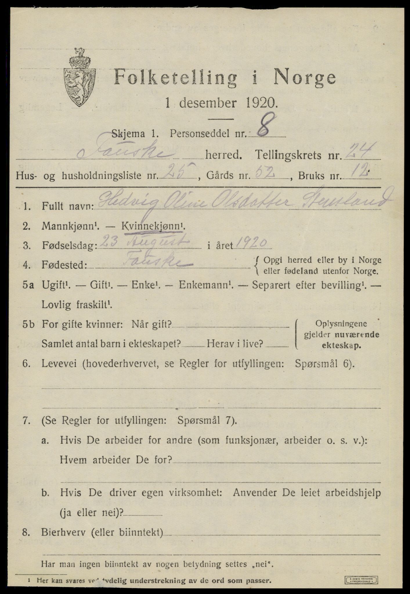 SAT, 1920 census for Fauske, 1920, p. 15080