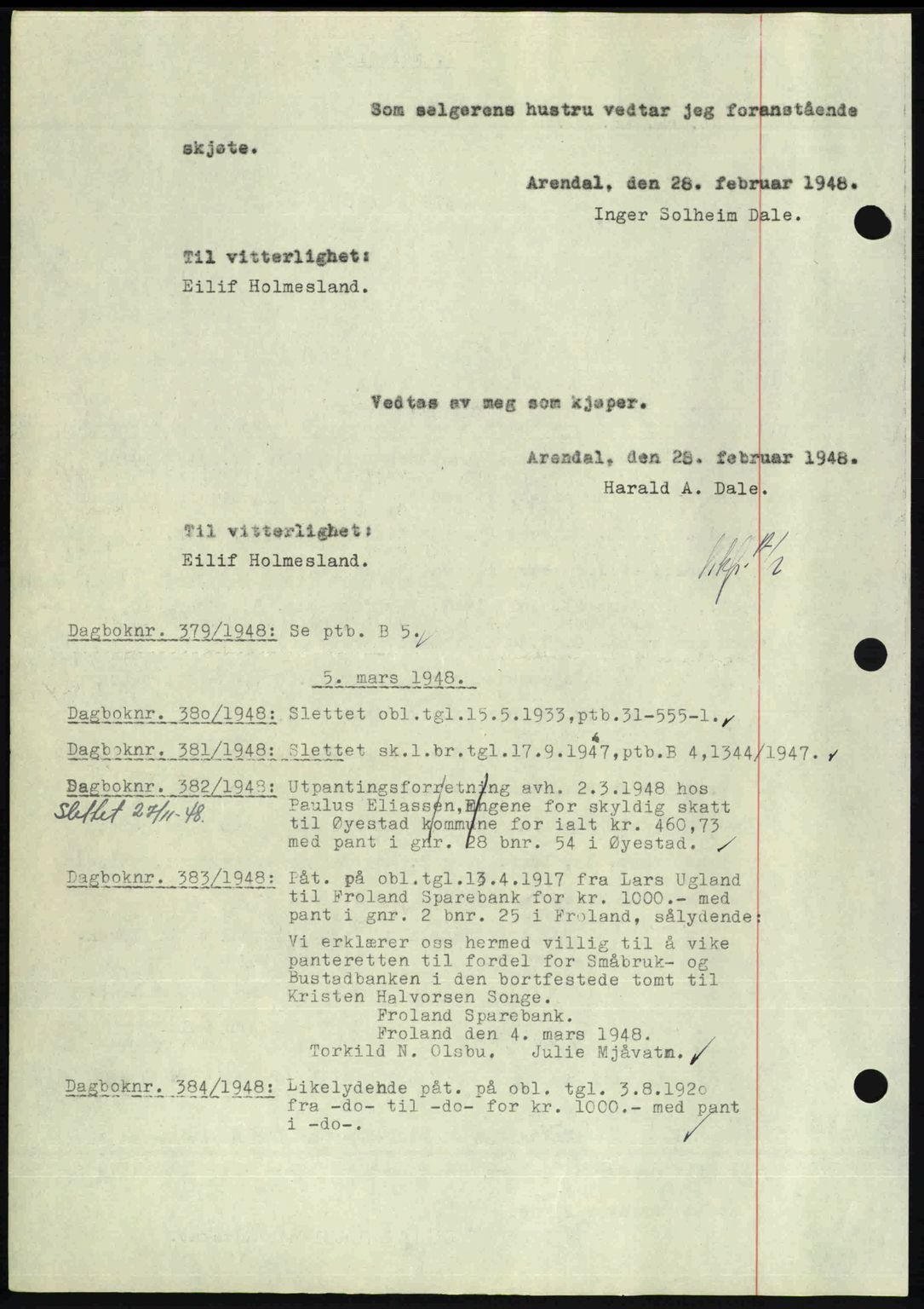 Nedenes sorenskriveri, AV/SAK-1221-0006/G/Gb/Gba/L0059: Mortgage book no. A11, 1948-1948, Diary no: : 378/1948