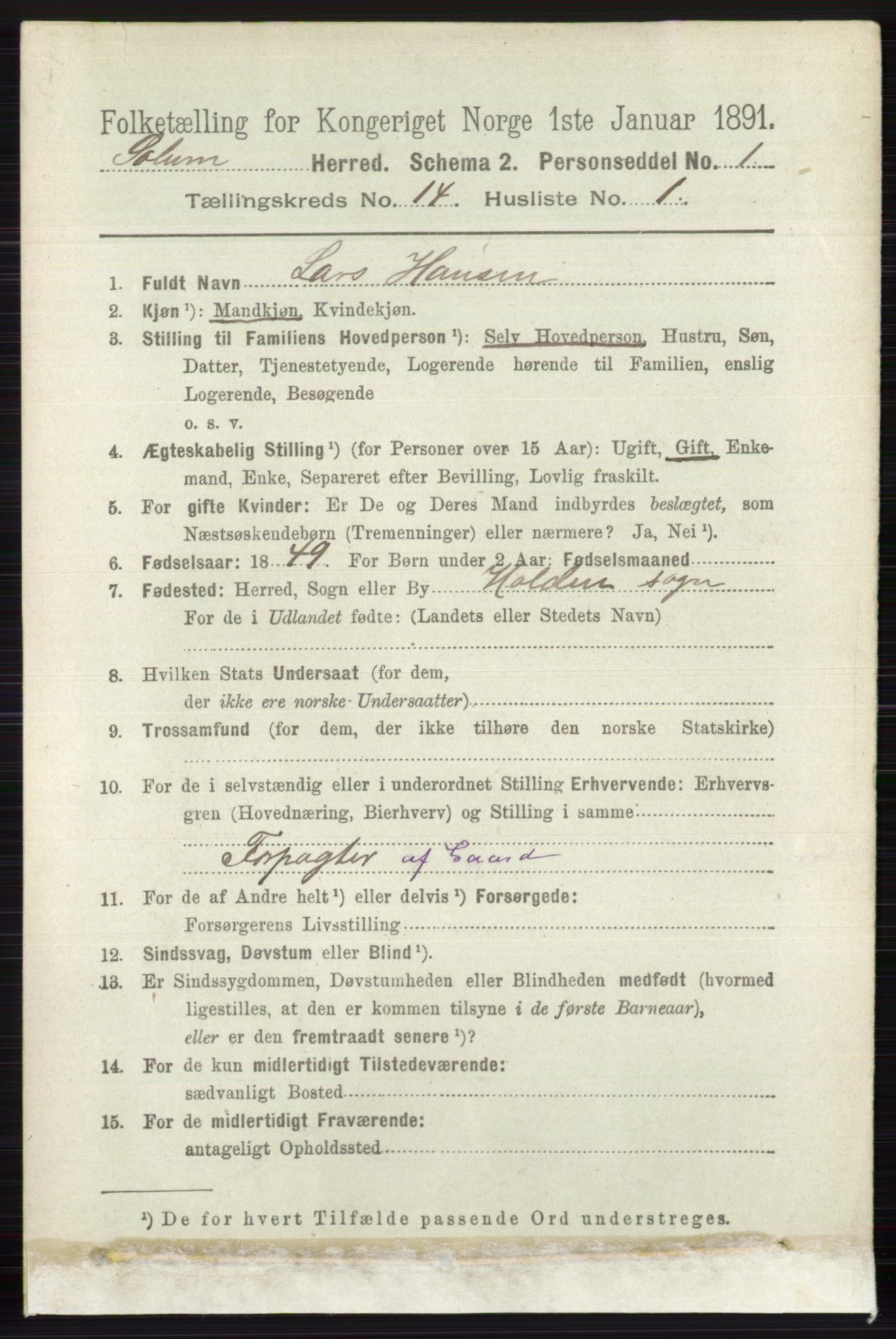 RA, 1891 census for 0818 Solum, 1891, p. 6361