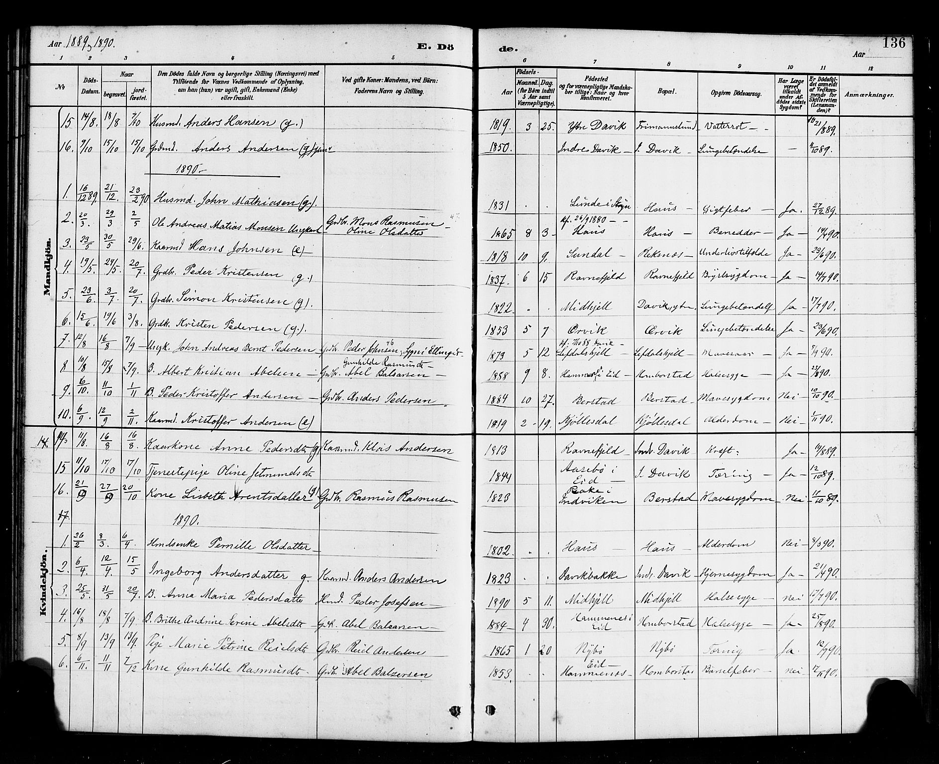Davik sokneprestembete, SAB/A-79701/H/Haa/Haab/L0001: Parish register (official) no. B 1, 1882-1900, p. 136